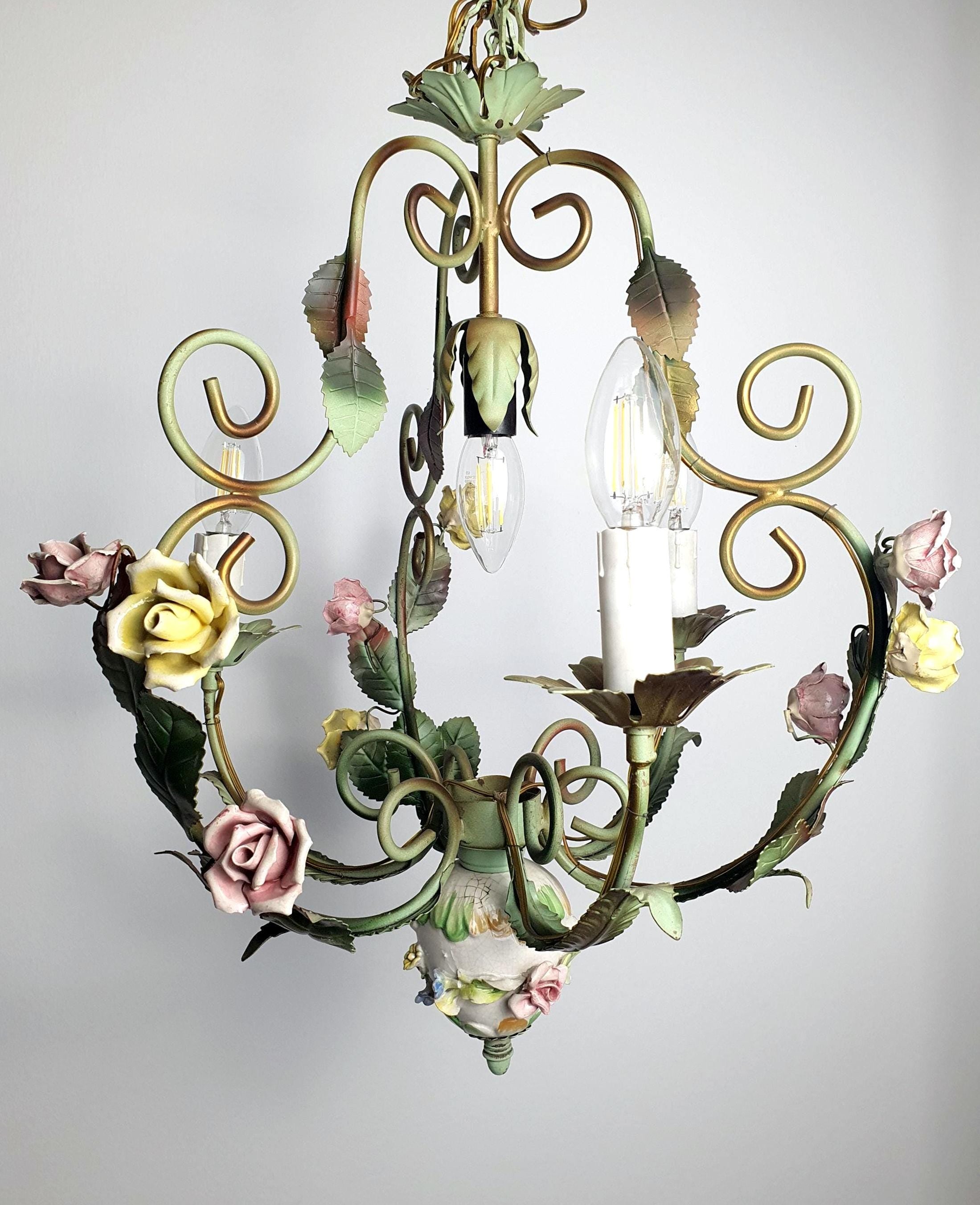 Vintage 1950s Italian tole chandelier, green painted metal with porcelain pink and yellow roses, 3 arms
