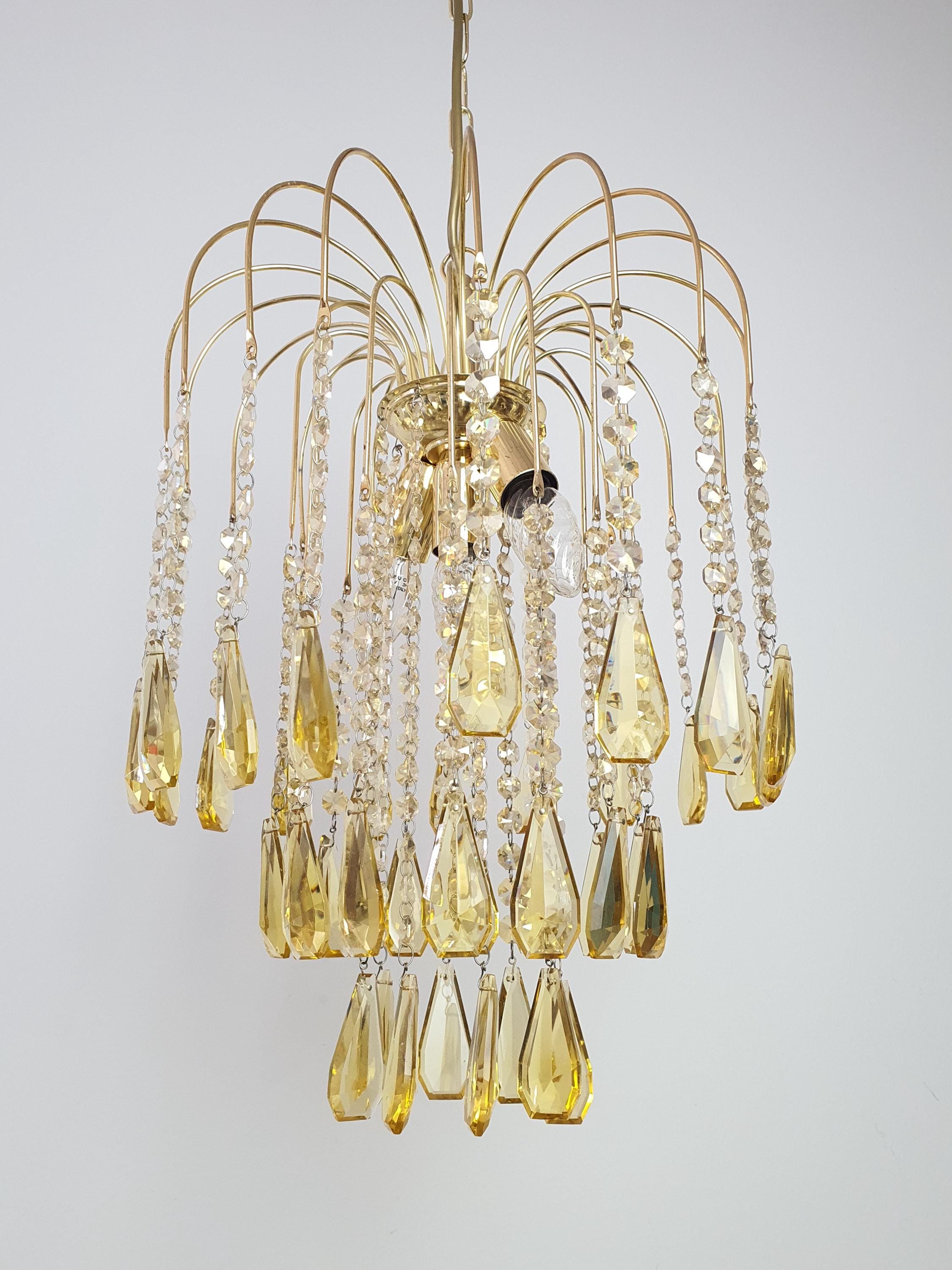Vintage Honey Yellow Teardrop Chandelier: 1980s Hollywood Regency Gold Light