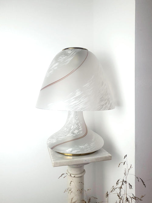 Große Muranoglas Pilzlampe matt weißer Wirbel vintage-italienisch Schreibtischlicht