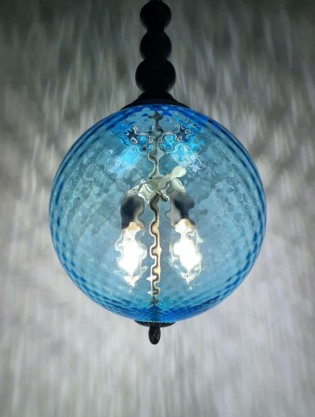 1950s Murano blue glass globe pendant light with wood and chrome base