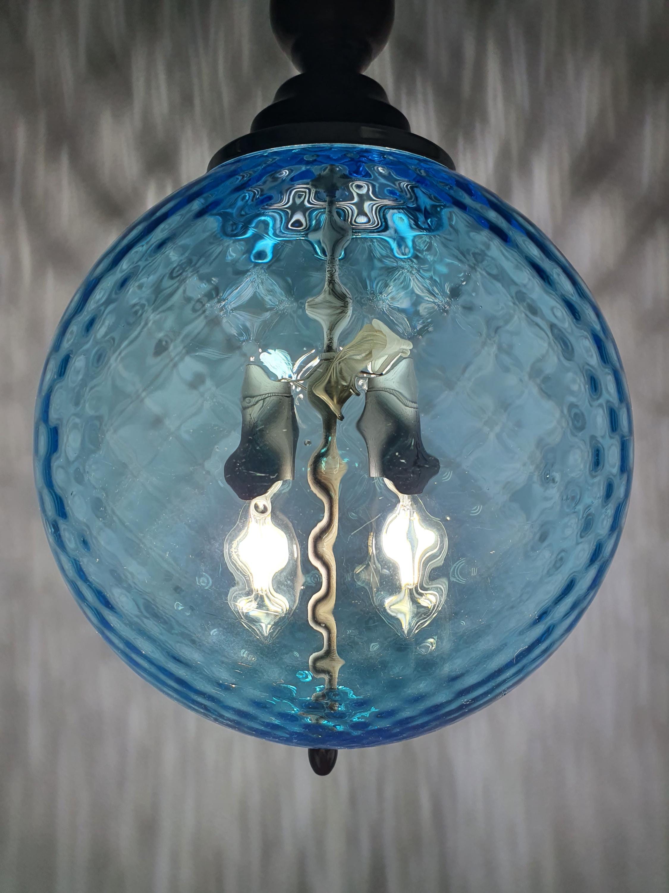 1950年代意大利穆拉诺蓝色玻璃球吊灯 木质镀铬结构