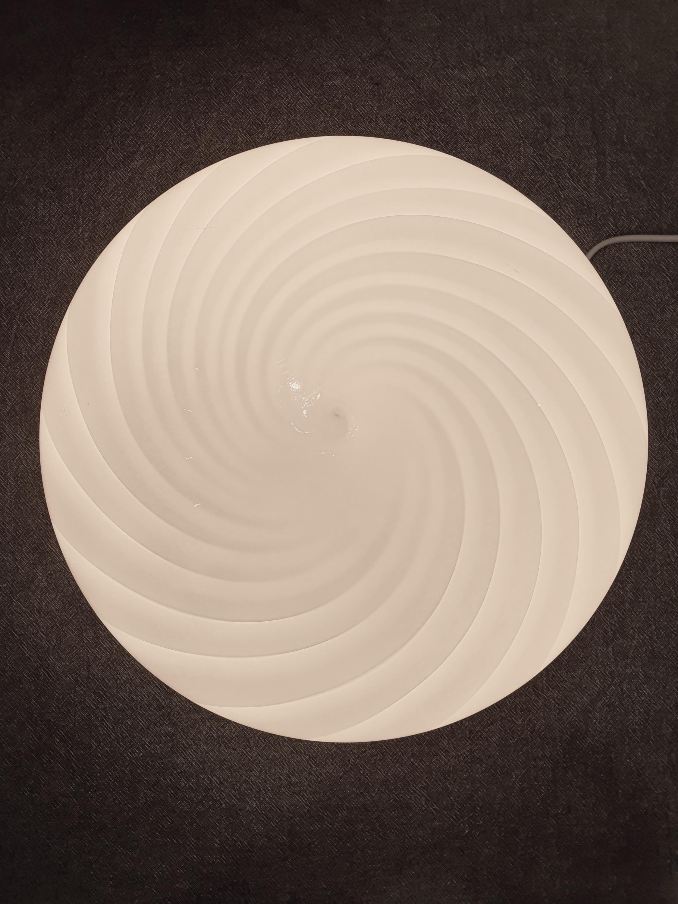 Vintage Murano Glass Swirl Flush Mount Light: White on Blue, MCM Deco