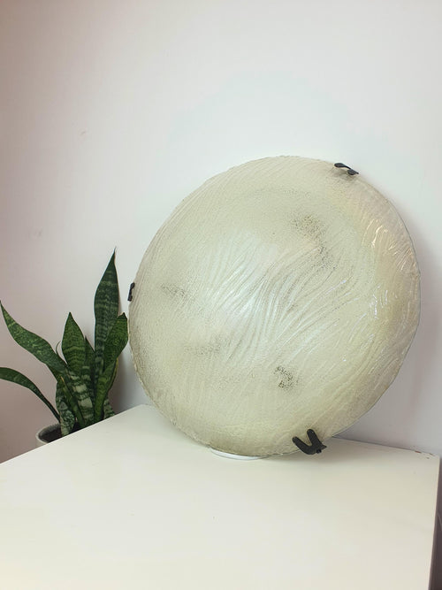 Large vintage Venetian glass shell flush mount, thick clear ribbed glass with glass-sand textured reverse, Art Deco, 48cm, Italy 1970s