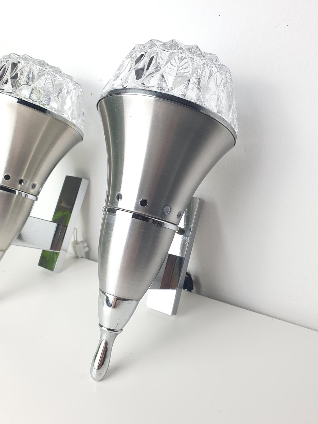 Set of 2 Brutalist Space Age wall sconces — midcentury industrial character, full view