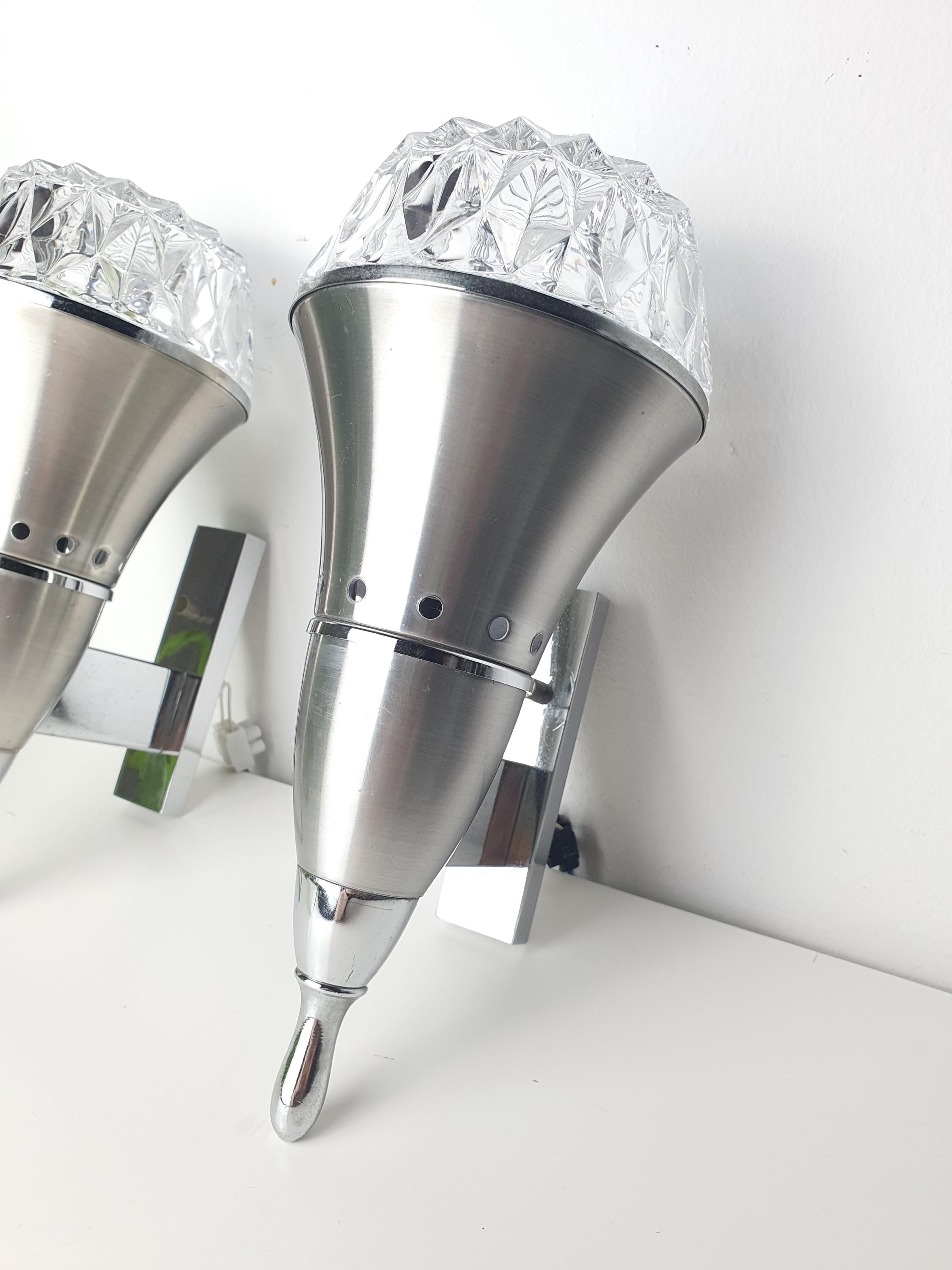 Set of 2 Brutalist Space Age wall sconces — midcentury industrial character, full view