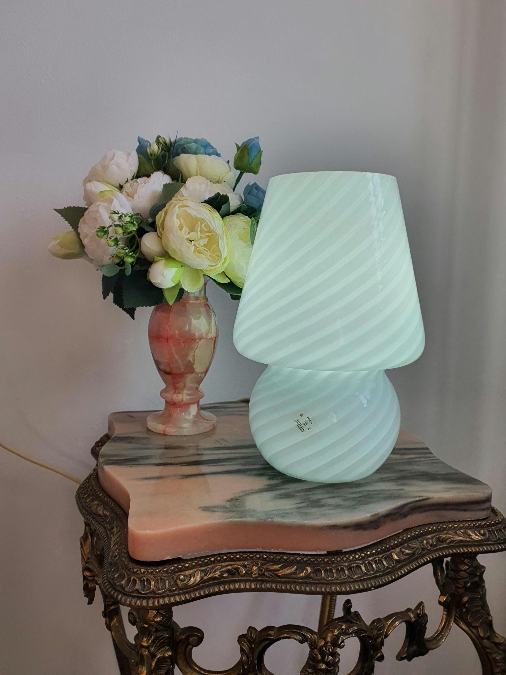 Vintage Murano Glass Mushroom Lamp: Mid-Century Modern White Swirl