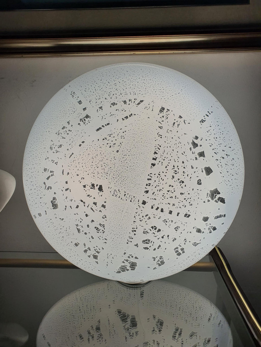 Vintage Murano white silver aventurine flush mount in bedroom, soft white silver shimmer, low ceiling, organic modern