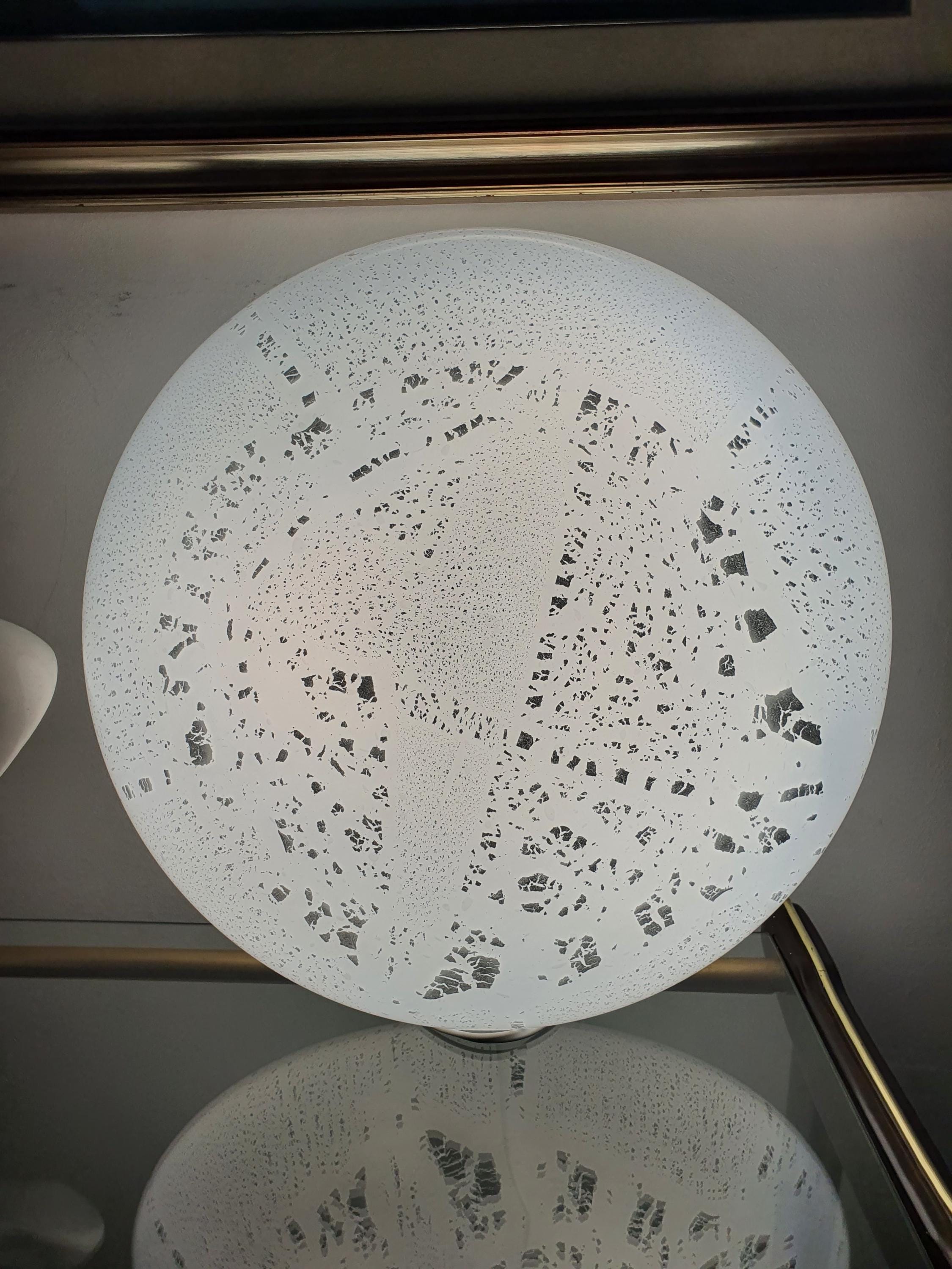 Vintage Murano white silver aventurine flush mount in bedroom, soft white silver shimmer, low ceiling, organic modern