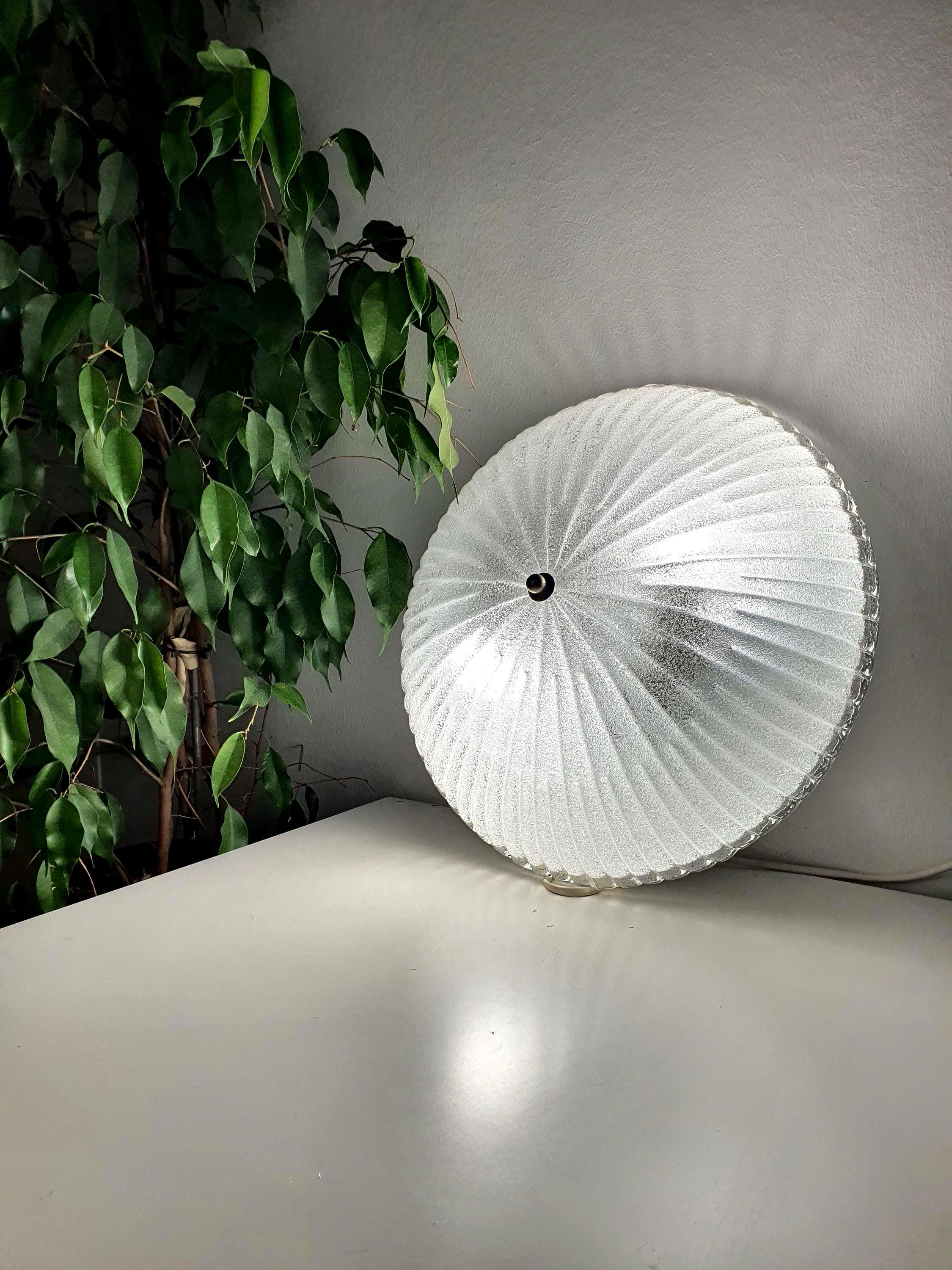 Vintage Murano glass ribbed shell flush mount, thick ribbed clear glass, ghiacciato iced reverse, smooth exterior, Italy 1960s–1970s


