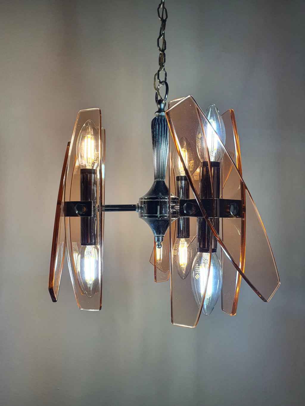 1970s Italian Veca chandelier — 6 light points, 3 up and 3 down configuration