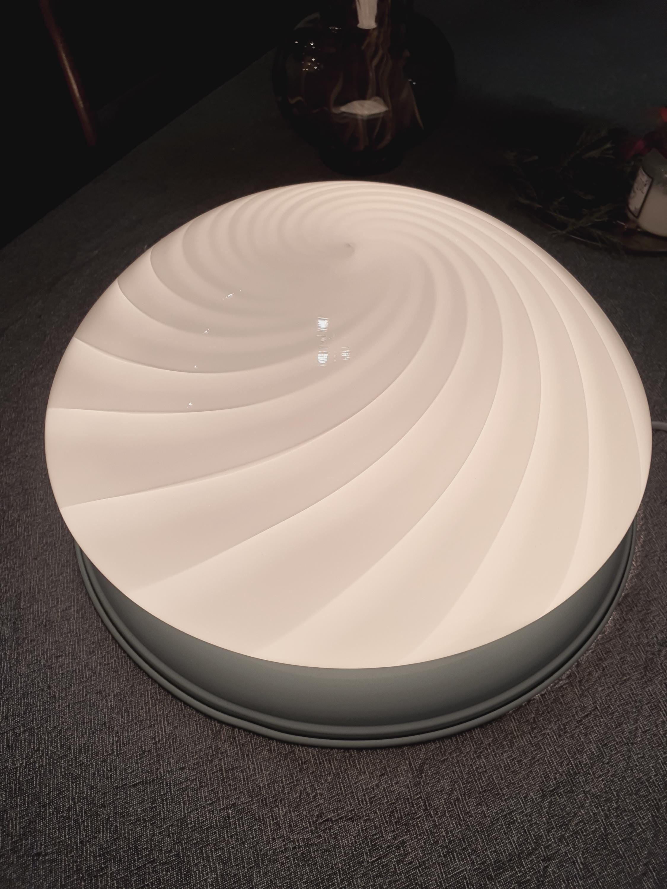 Vintage Murano Glass Swirl Flush Mount Light: White on Blue, MCM Deco