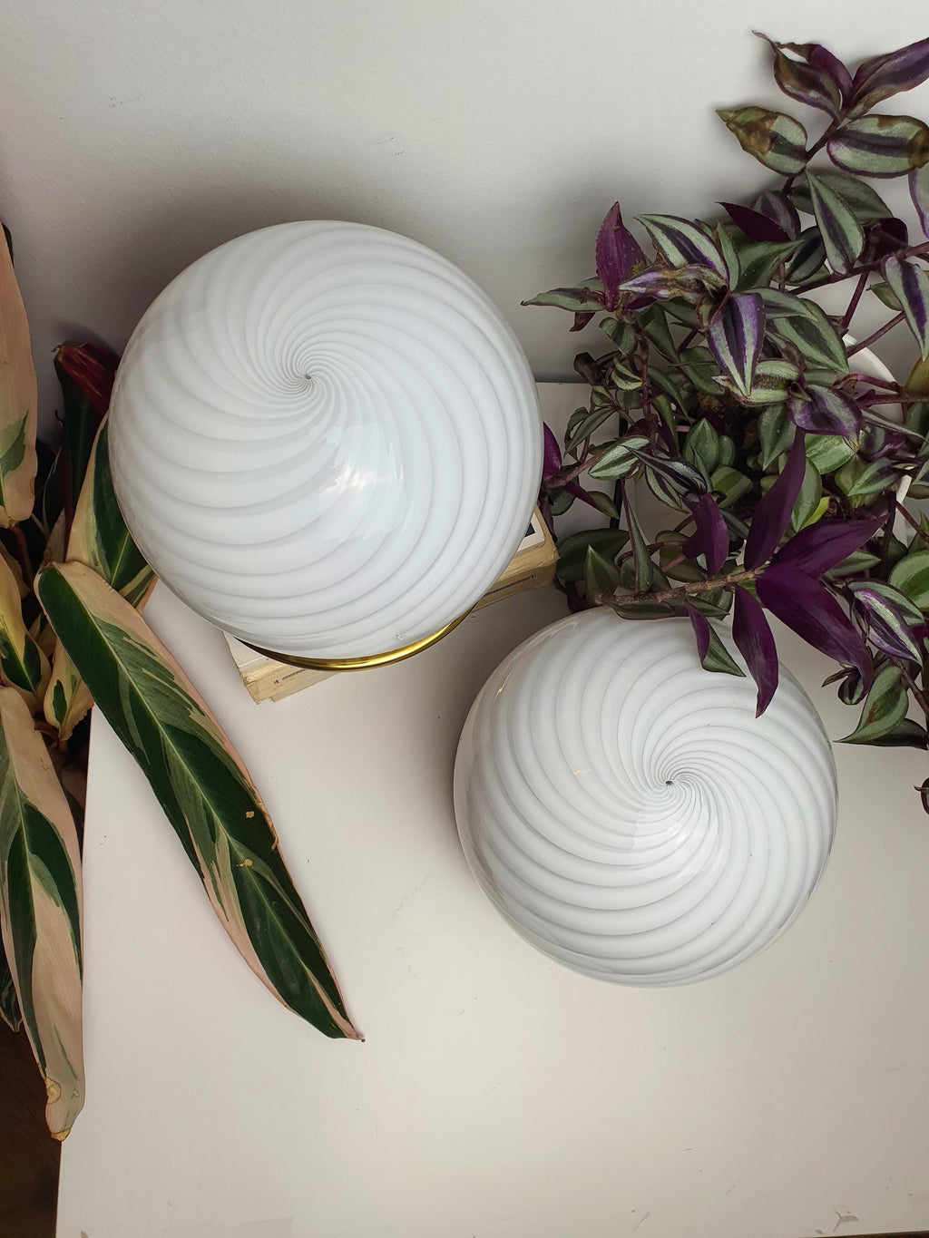 Murano Glass Table Lamps: White Swirl Globe, Brass Base, Mid-Century Modern