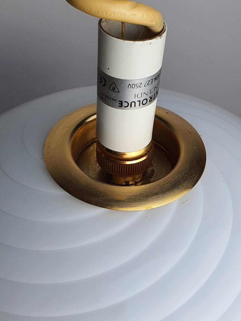 De Majo Vintage Murano Glass Pendant Light | White Swirl Bell with Red Edge