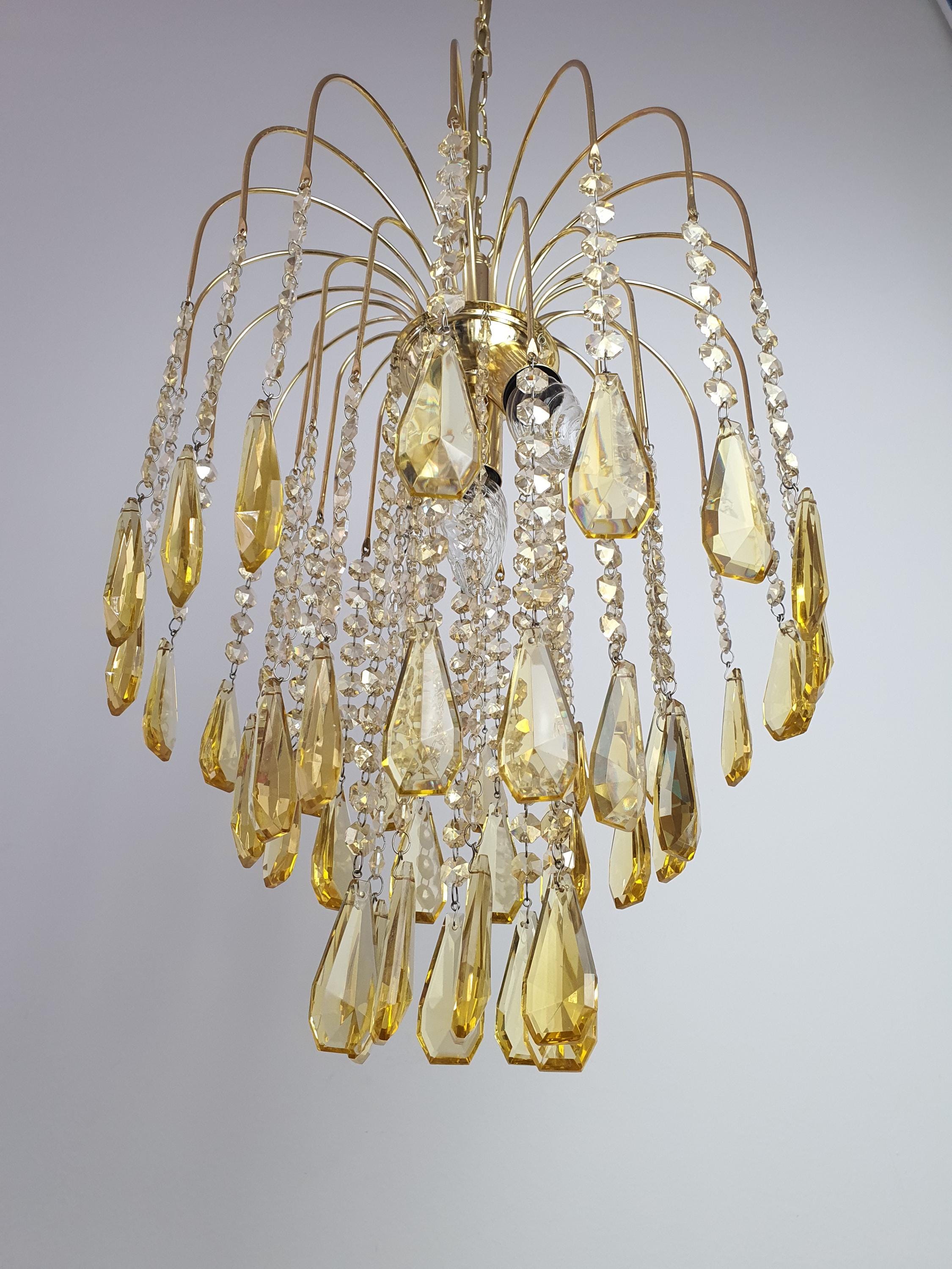 Vintage Honey Yellow Teardrop Chandelier: 1980s Hollywood Regency Gold Light