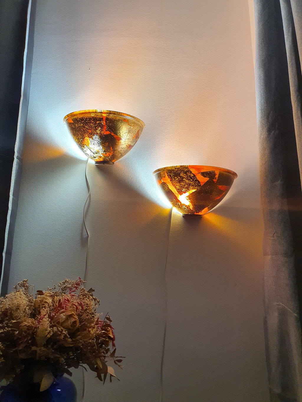 Pair of vintage Italian wall sconces by 2B Illuminazione — bronze painted half-bowl glass, front view