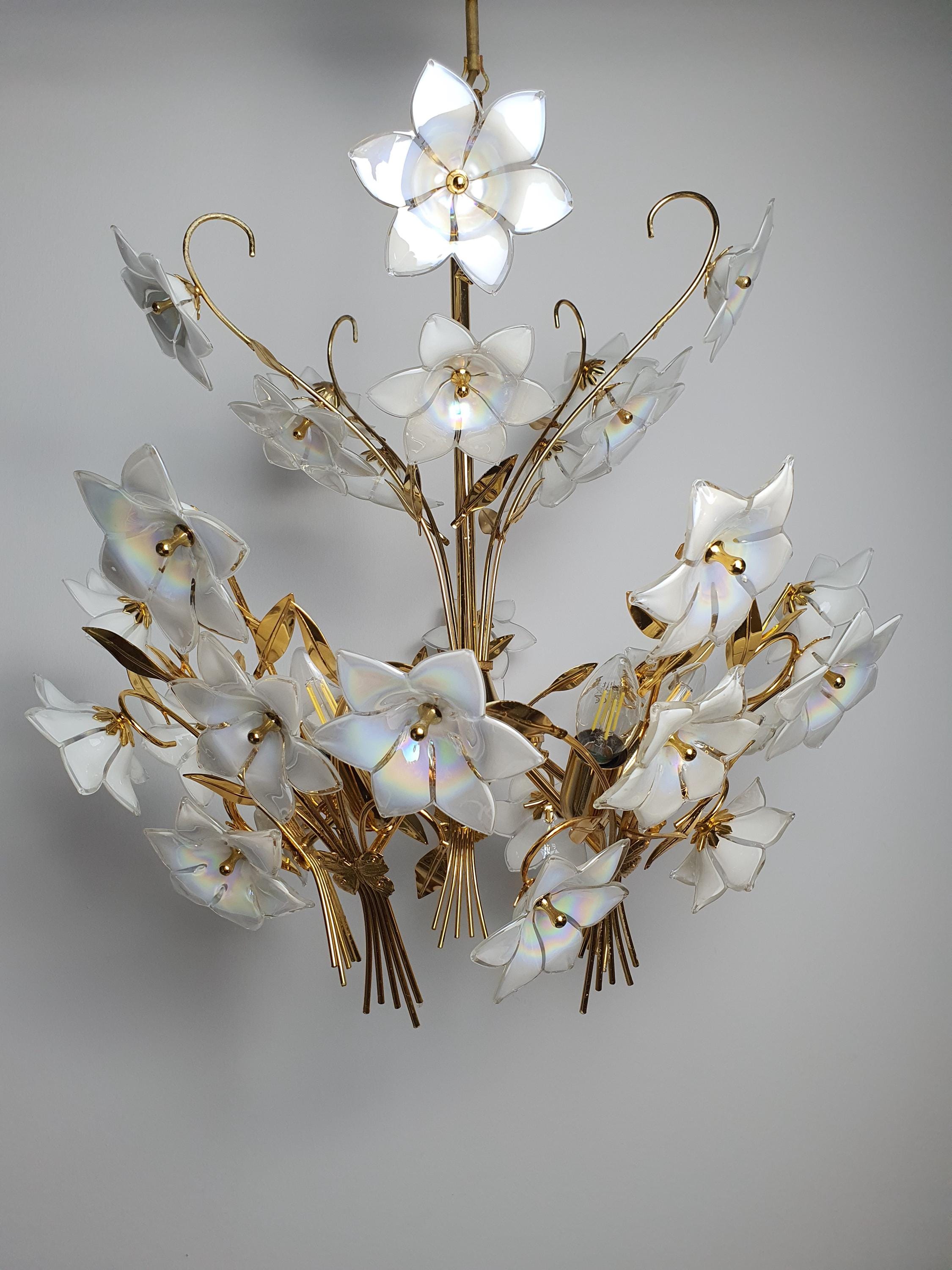 Murano glass bouquet chandelier front view, abundant iridescent white flowers on gold-toned 5-arm structure