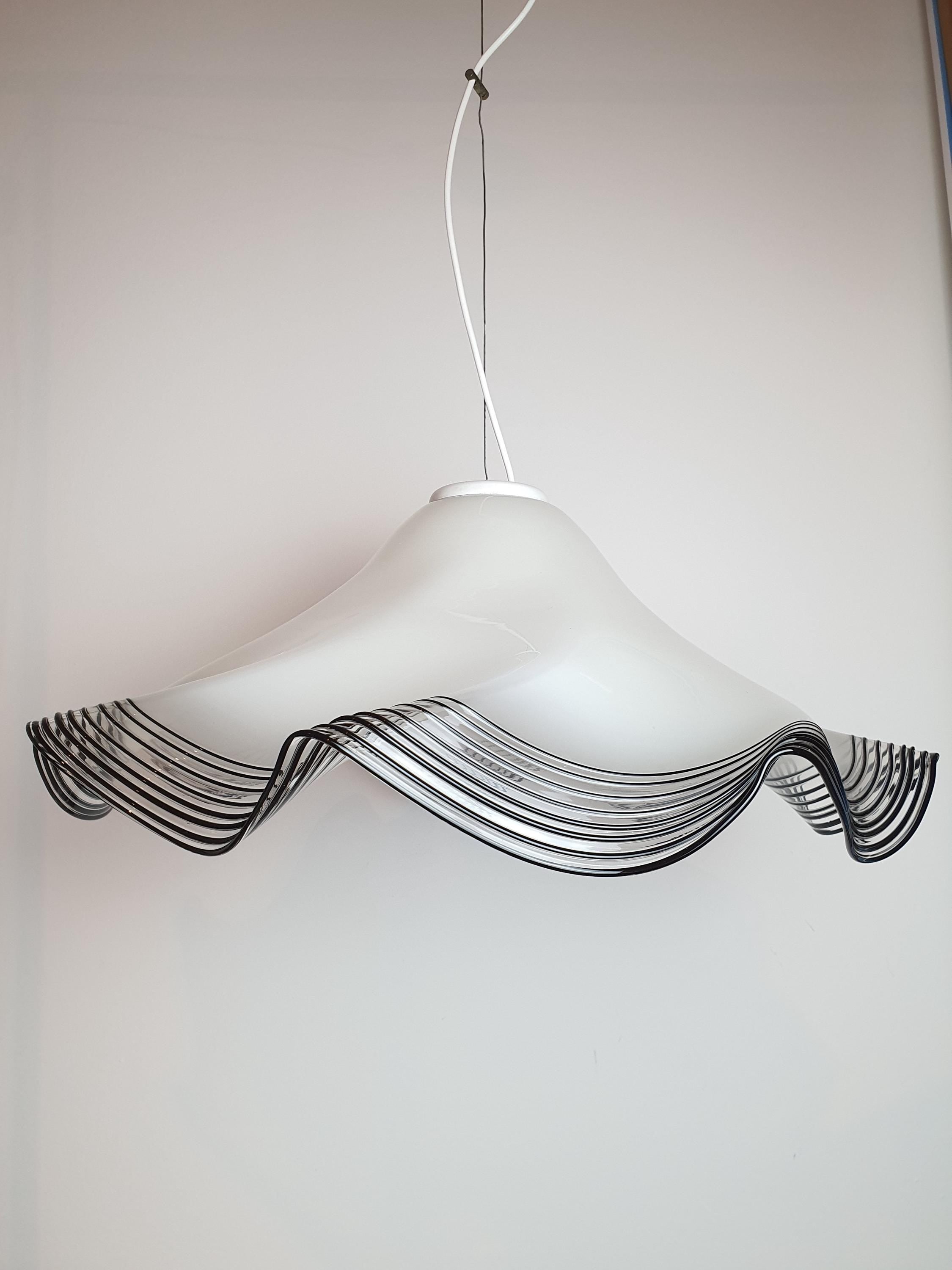 Vintage Murano Glass Pendant Light: Handkerchief Style, Black Stripe Edge