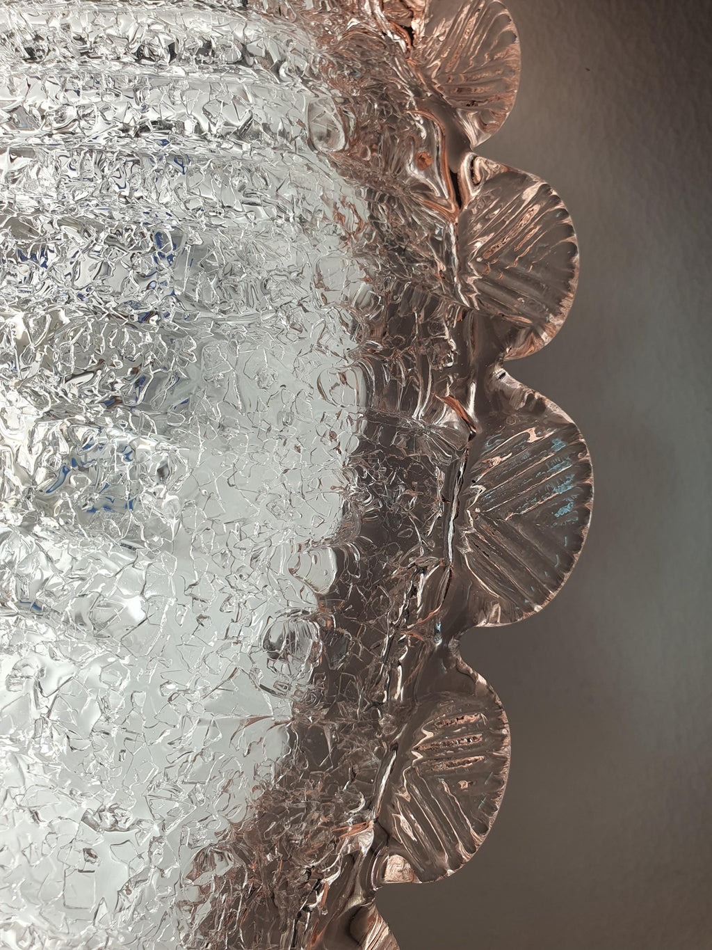 Vintage Murano floral flush mount with cone centre unlit, showing layered sculptural silhouette and pink rim detail