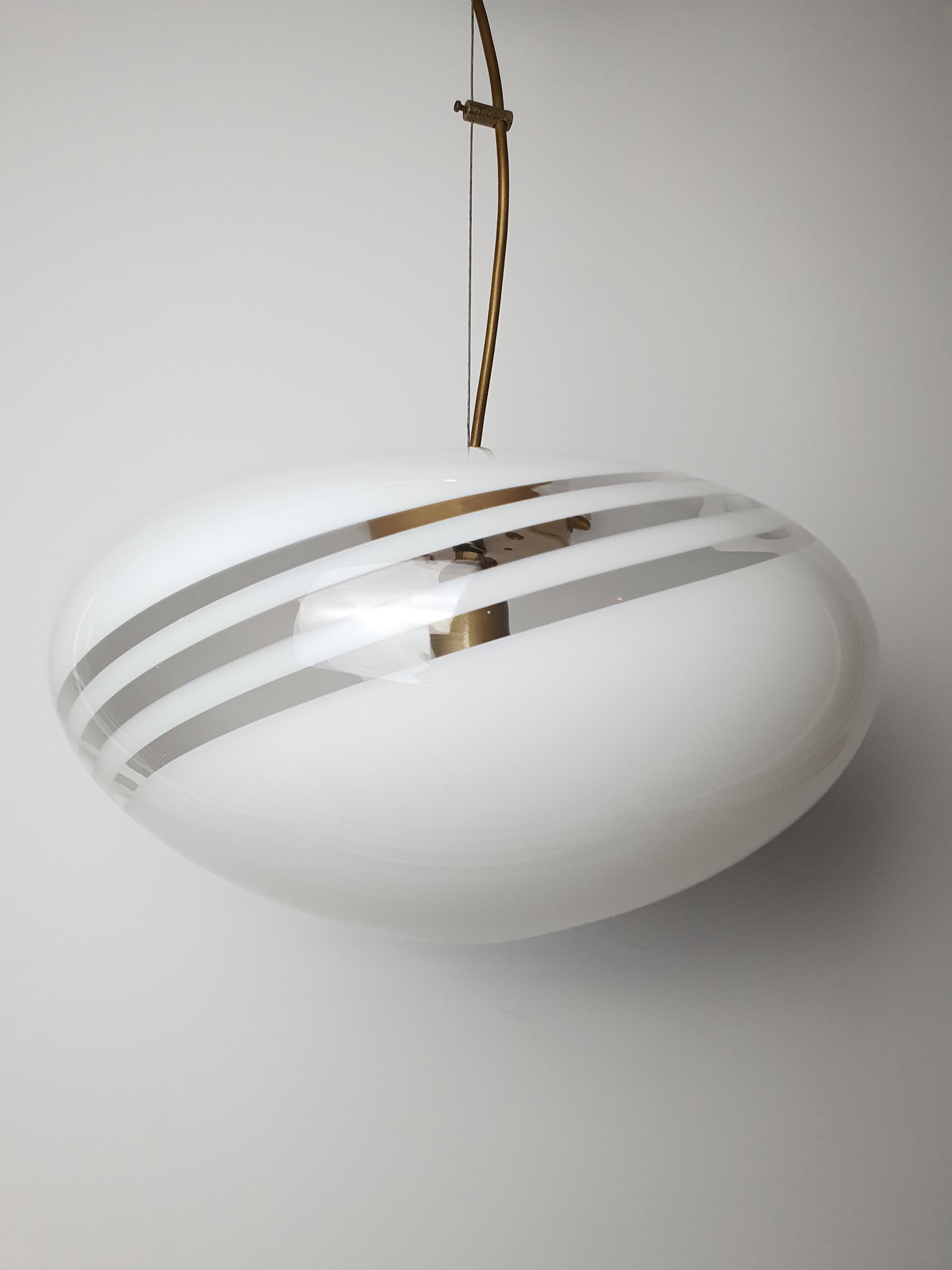 Murano Glass Pendant Light: White Swirl Globe, Italian MCM Lighting