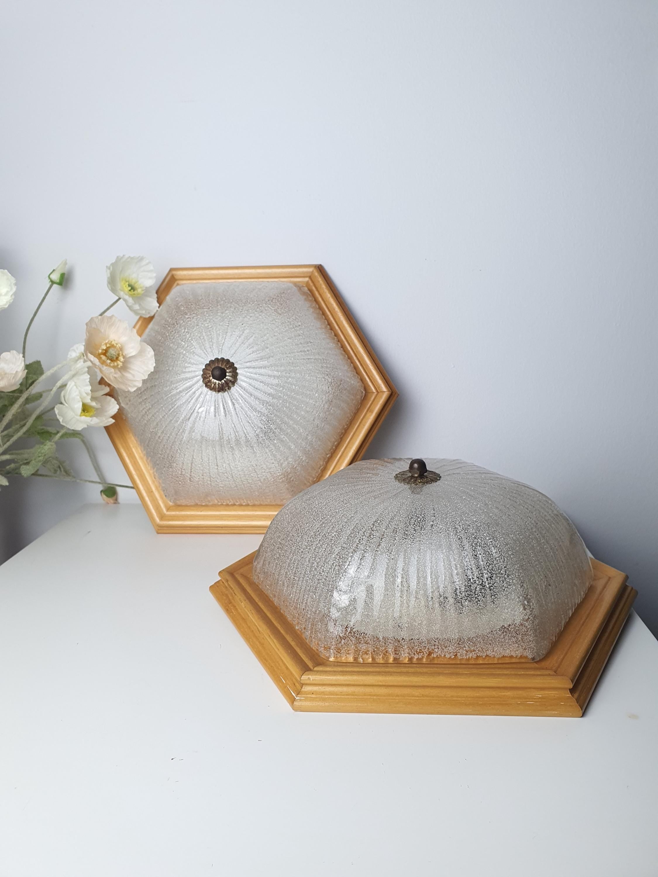 Pair of Vintage Frosted Glass Flush Mount Lights in Wooden Frame | MCM Venetian Design