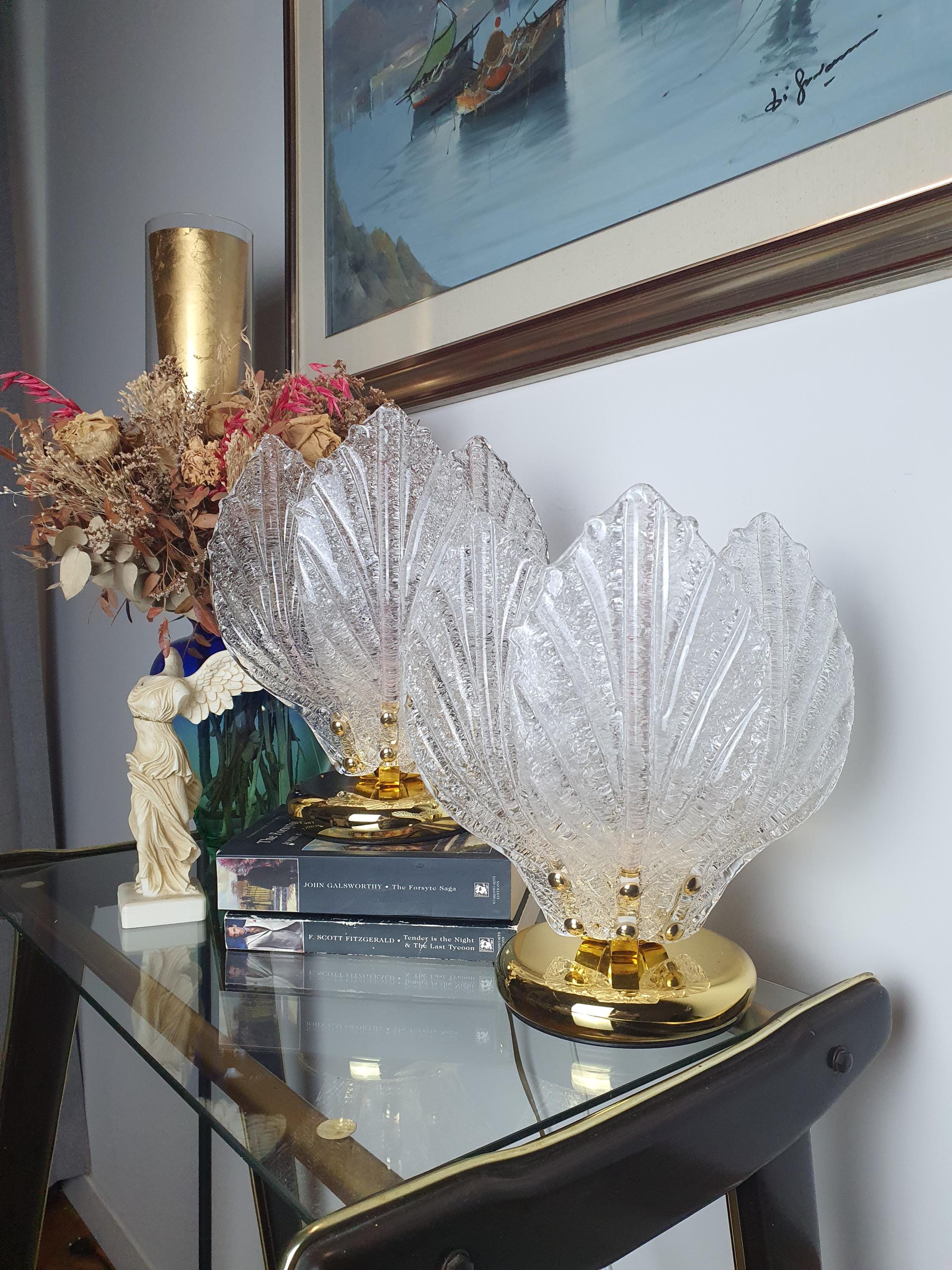 Murano Glass Petal Table Lamps: Midcentury Hollywood Regency Lighting