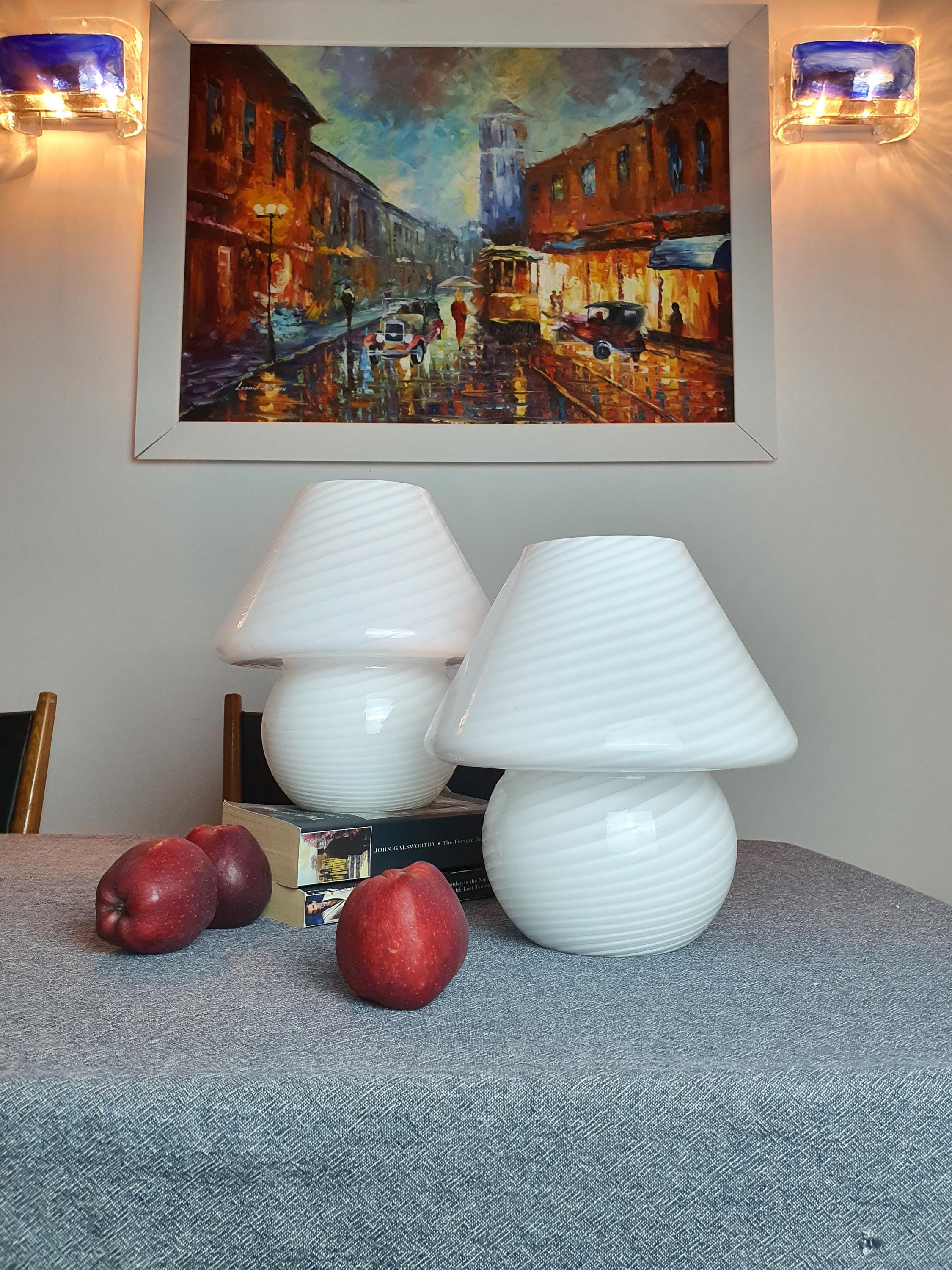 Pair of Vintage Murano Glass White Swirl Mushroom Bedside Lamps