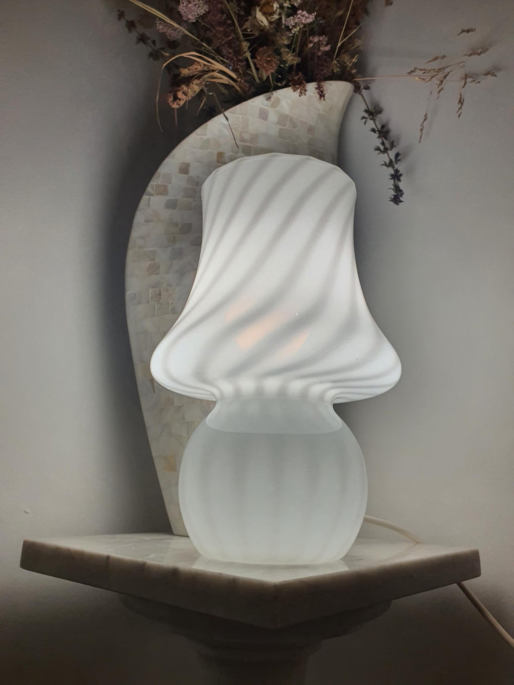 Vintage Murano Glass Mushroom Lamp: White Swirl Scandinavian Bedside Light