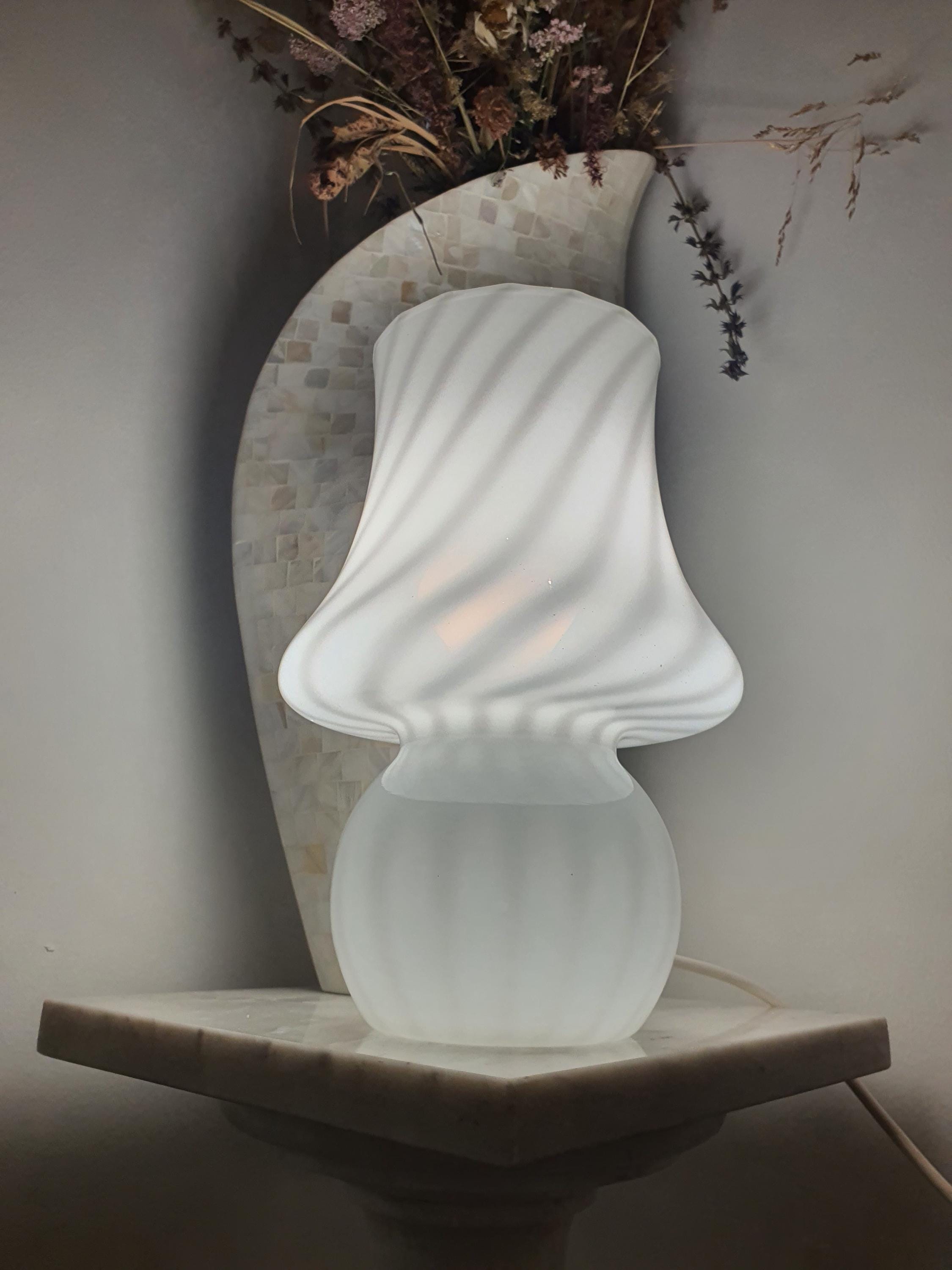 Vintage Murano Glass Mushroom Lamp: White Swirl Scandinavian Bedside Light
