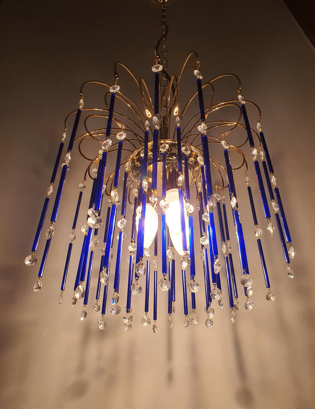 Vintage Cascade Chandelier: Navy Blue Glass Drops, Hollywood Regency Style