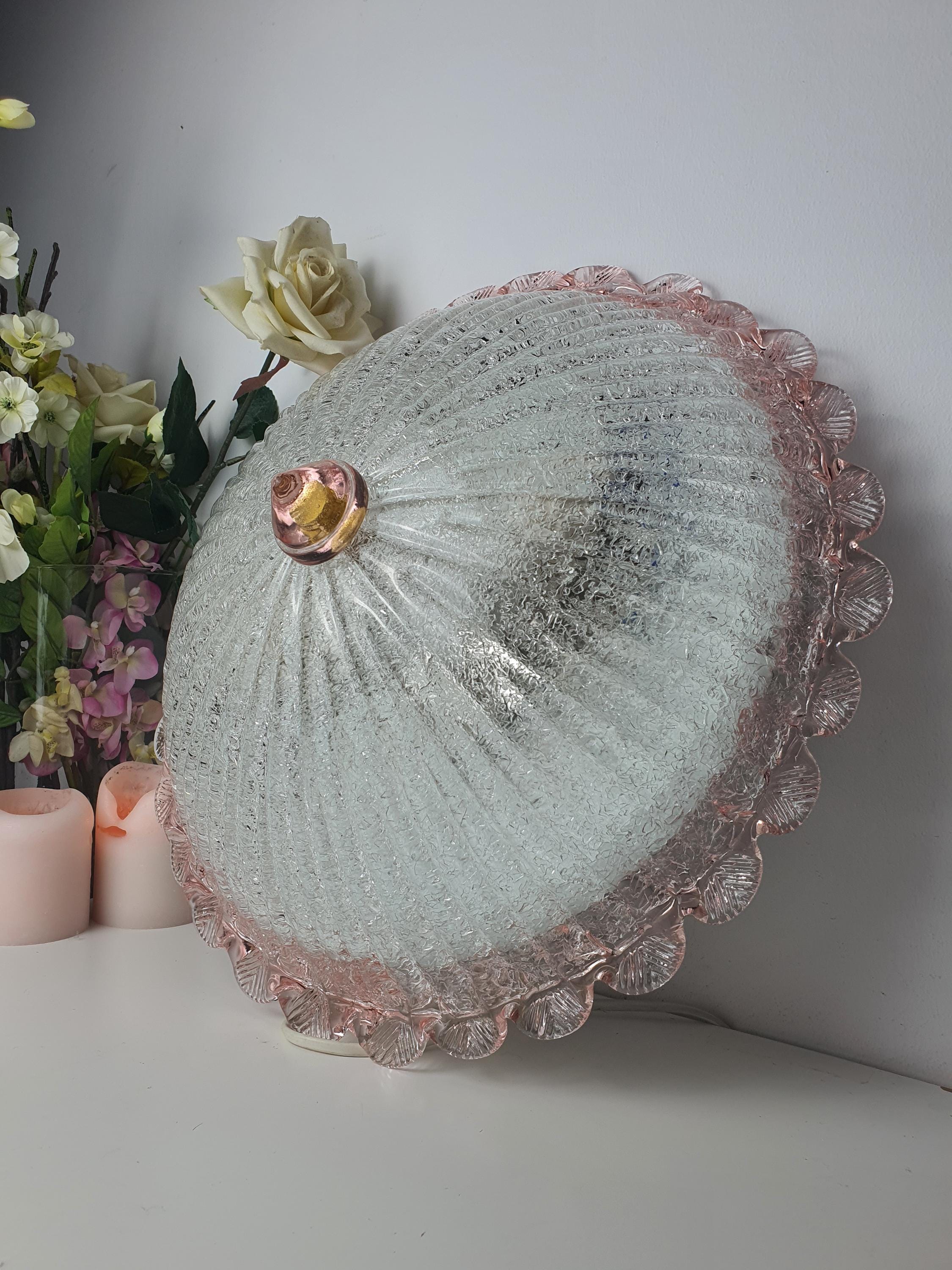 Vintage Murano floral flush mount from below, two E27 sockets, central cone diffuser, frosted shell relief glass