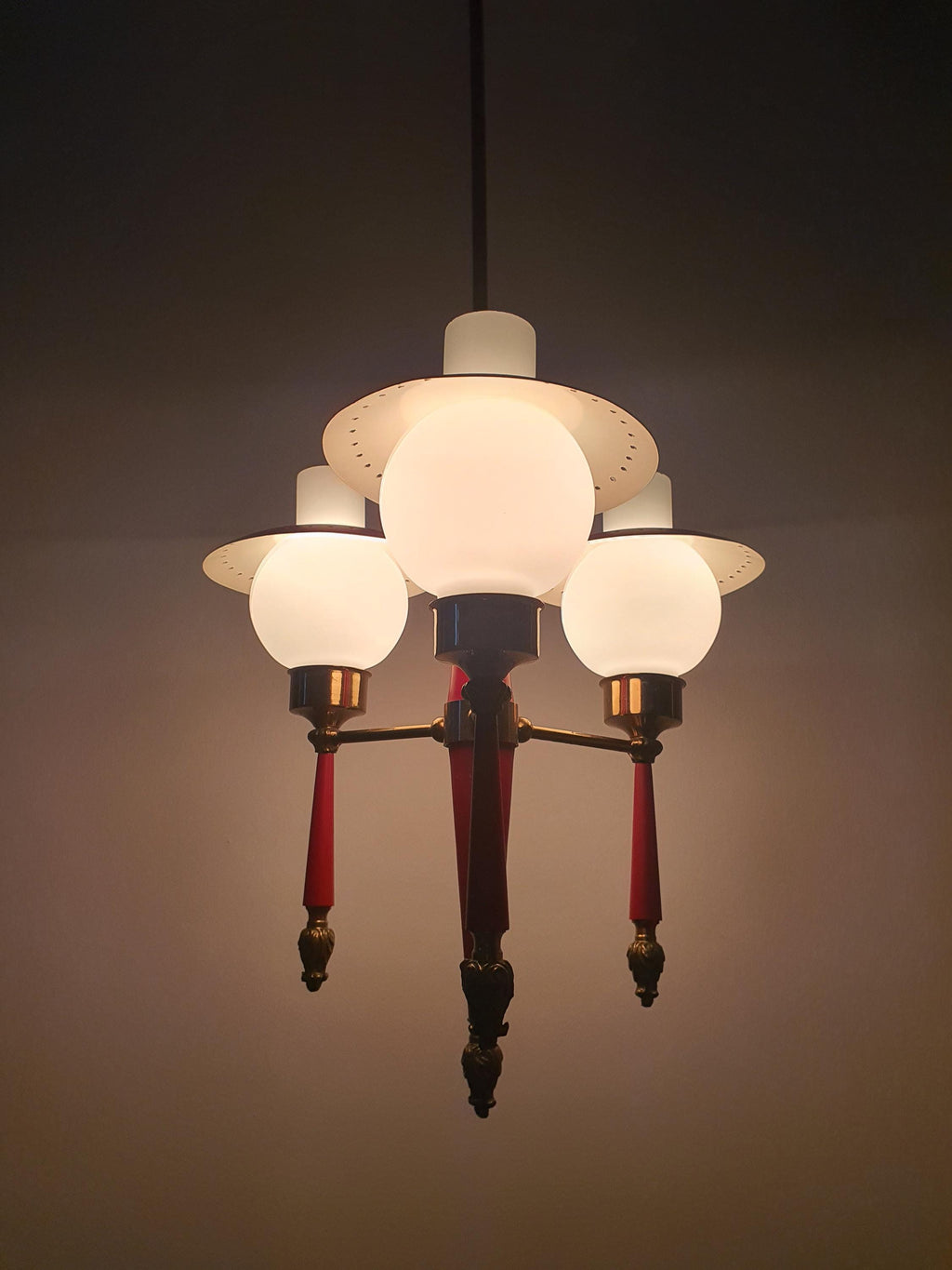 1950s Stilnovo style chandelier — opal glass diffuser illuminated, warm glow
