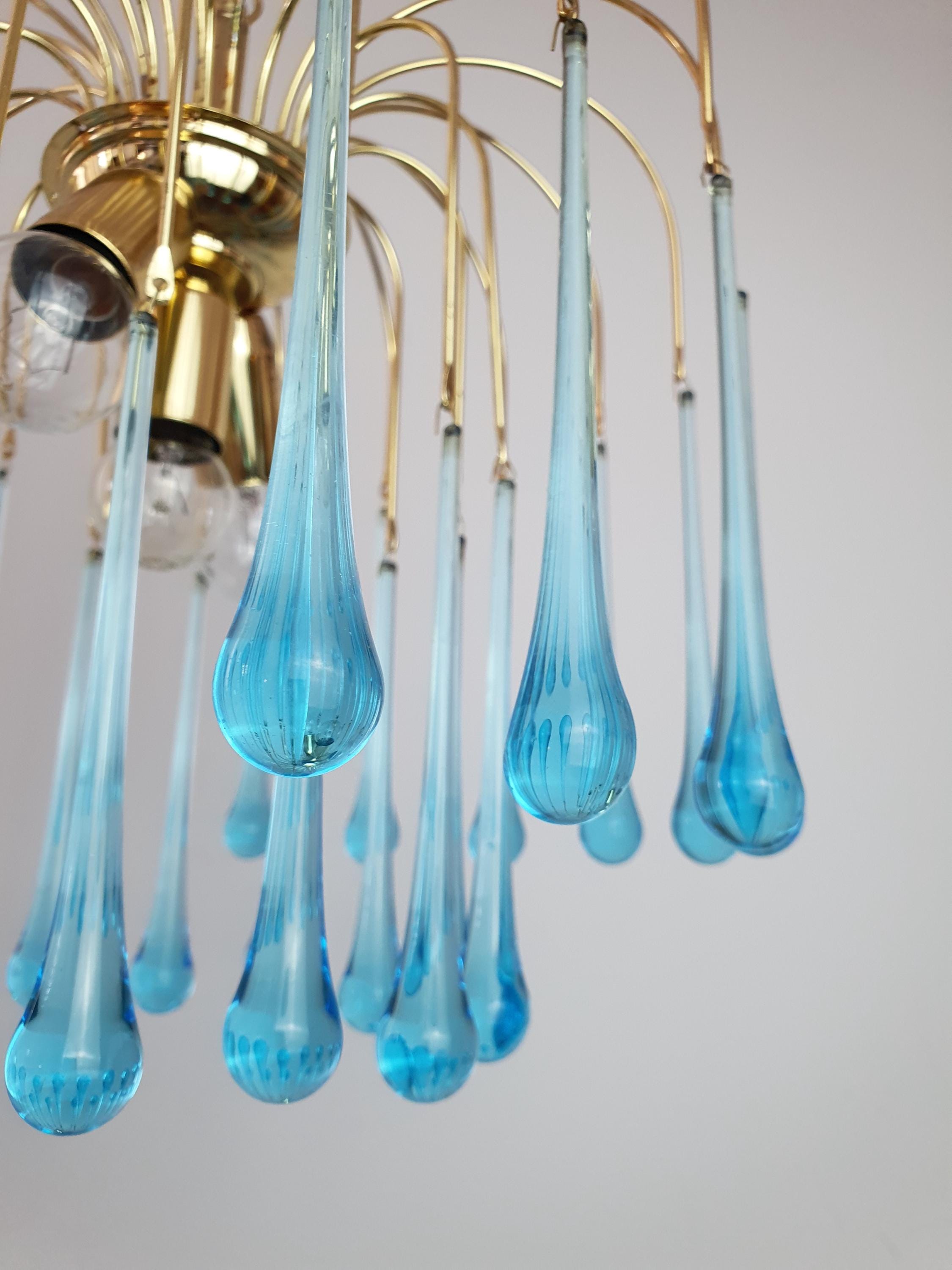 Murano Style Chandelier: Sky Blue Teardrops, Gold Cascade Light