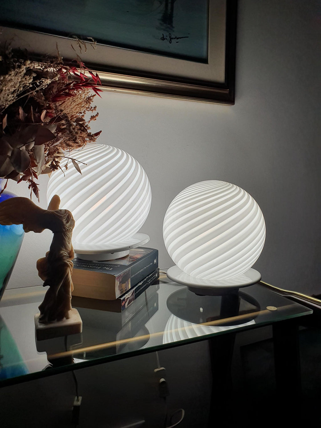 Murano Glass Table Lamps: White Swirl Globe, Mid-Century Modern, Italian Vintage Pair