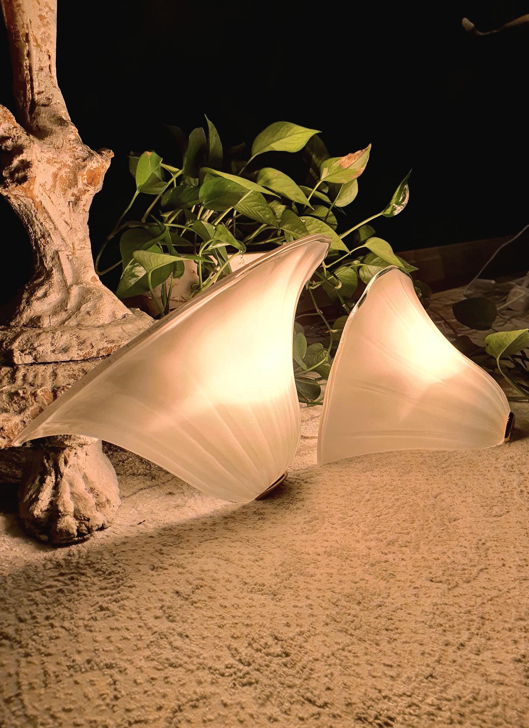 De Majo Vintage Murano Glass Wall Sconces: White Floral Shell Lights