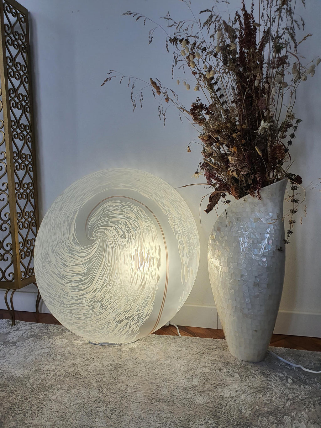 XL Vintage Murano Glass Flush Mount Light: White Brown Swirl, Mid-Century Modern