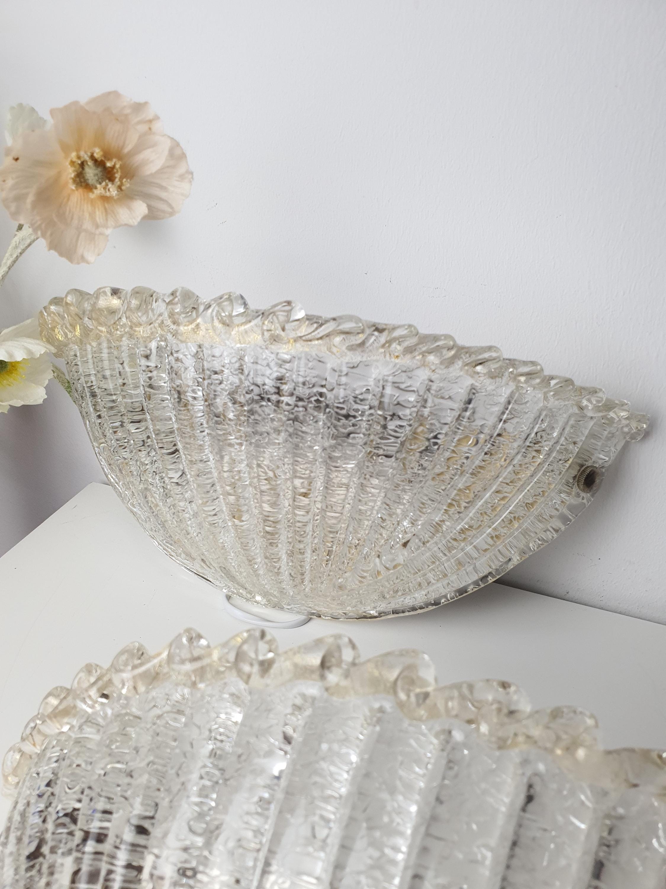 Pair of Murano Glass Shell Wall Sconces | Frosted Venetian Floral Lights | Mid-Century Italian Wall Lamps