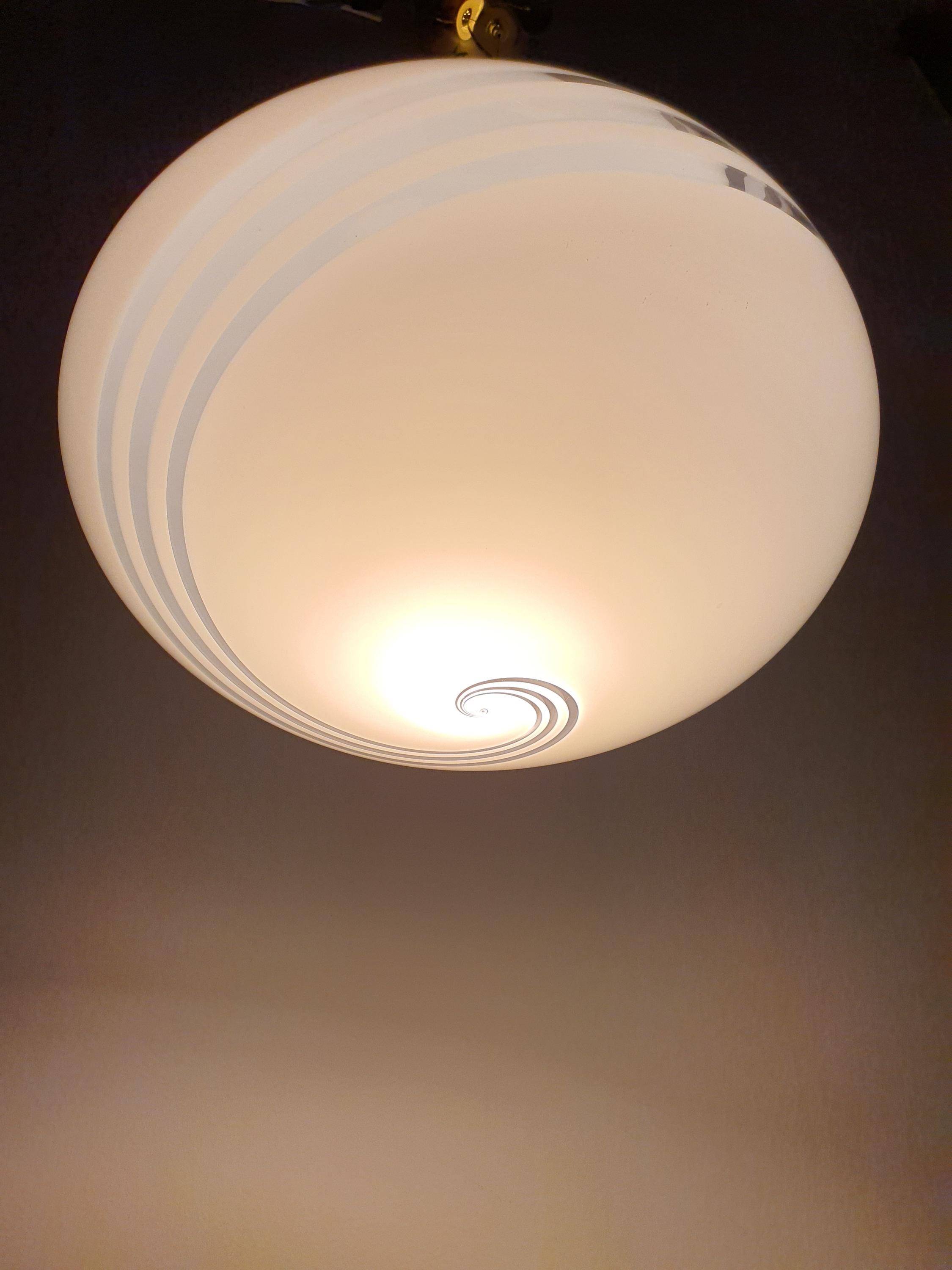 Murano Glass Pendant Light: White Swirl Globe, Italian MCM Lighting
