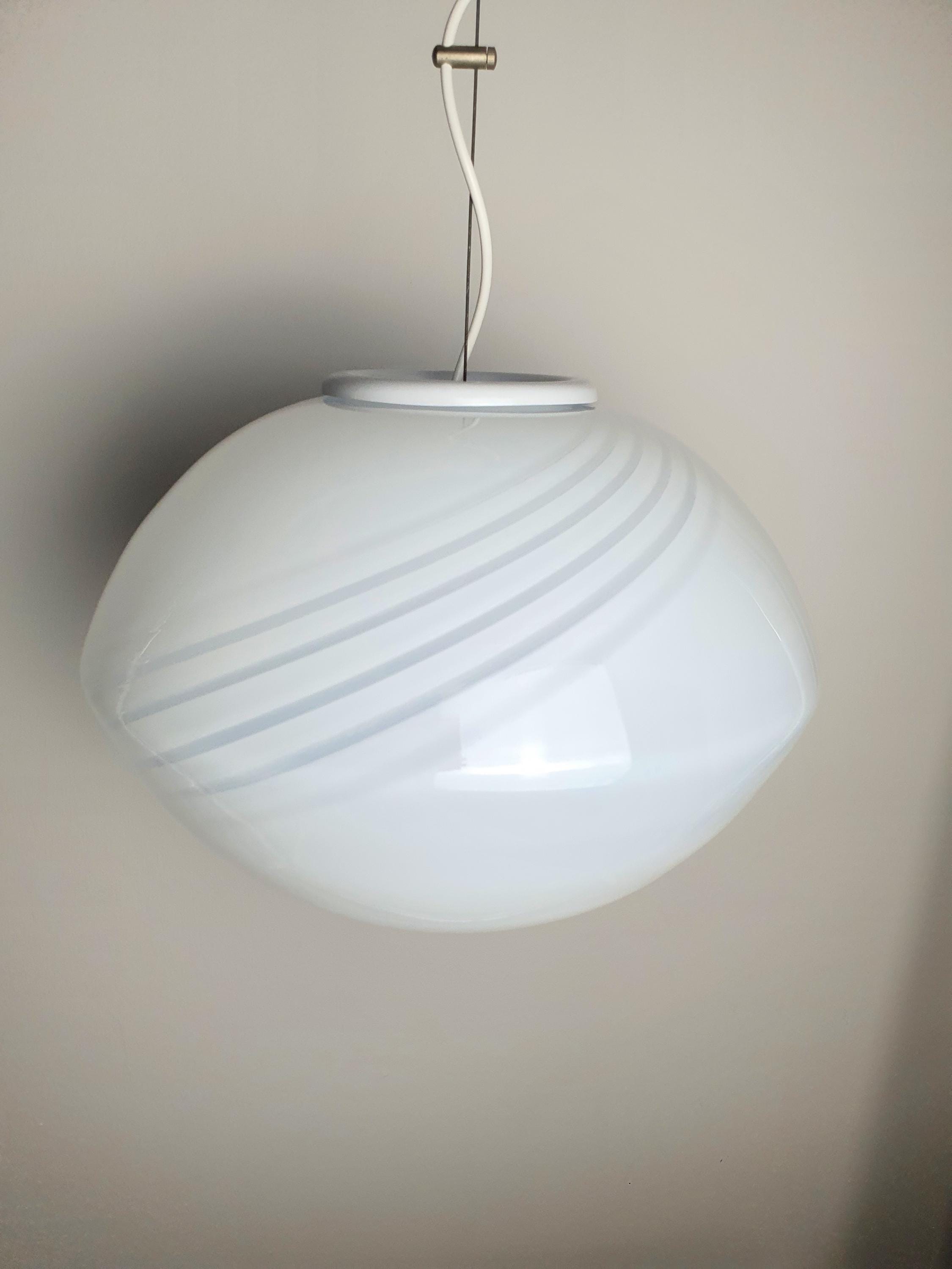 Murano Glass White Swirl Globe Pendant Light Handcrafted Sphere