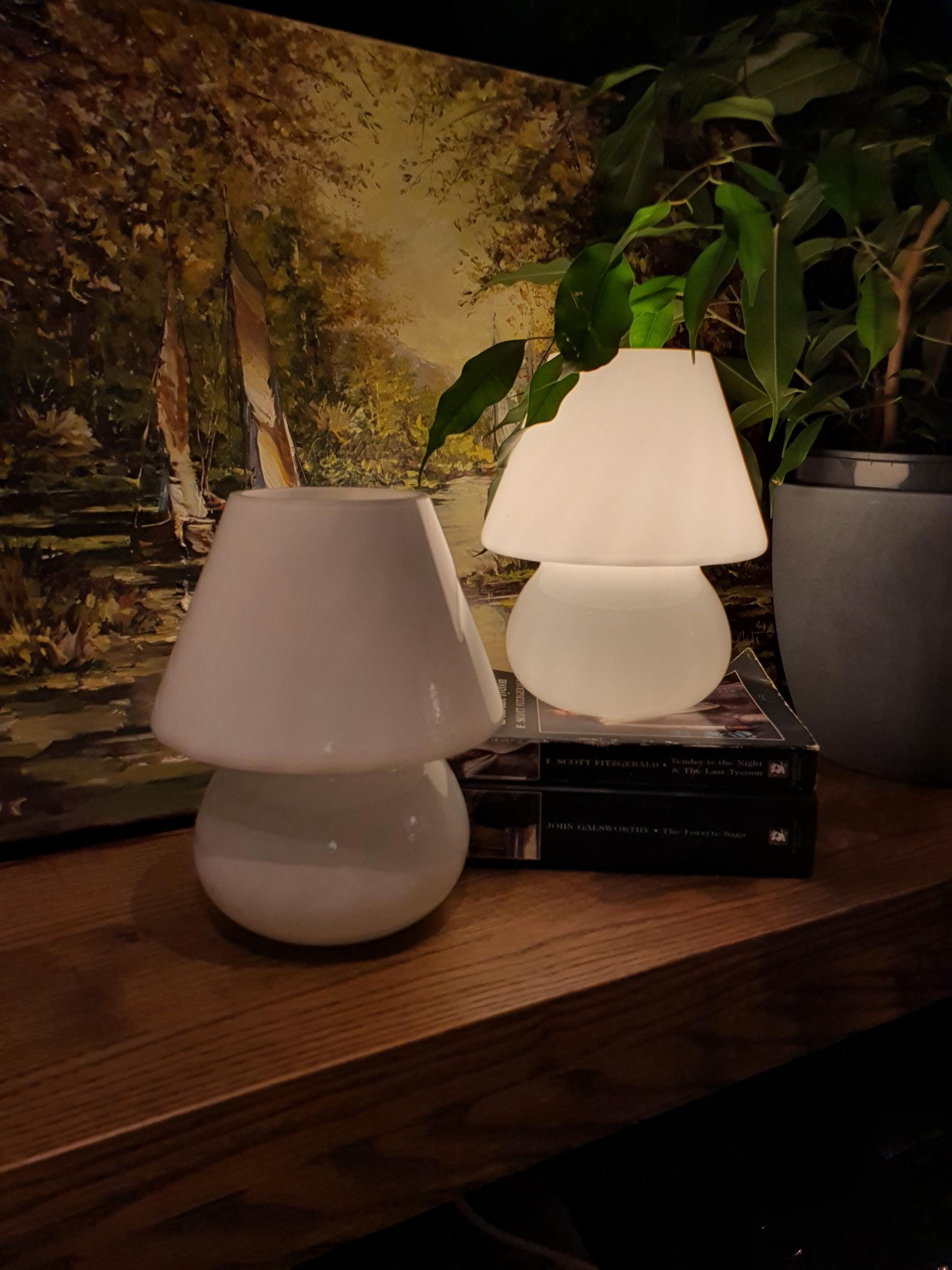 Vintage Murano Glass Mushroom Lamps: White Swirl Bedside Lighting