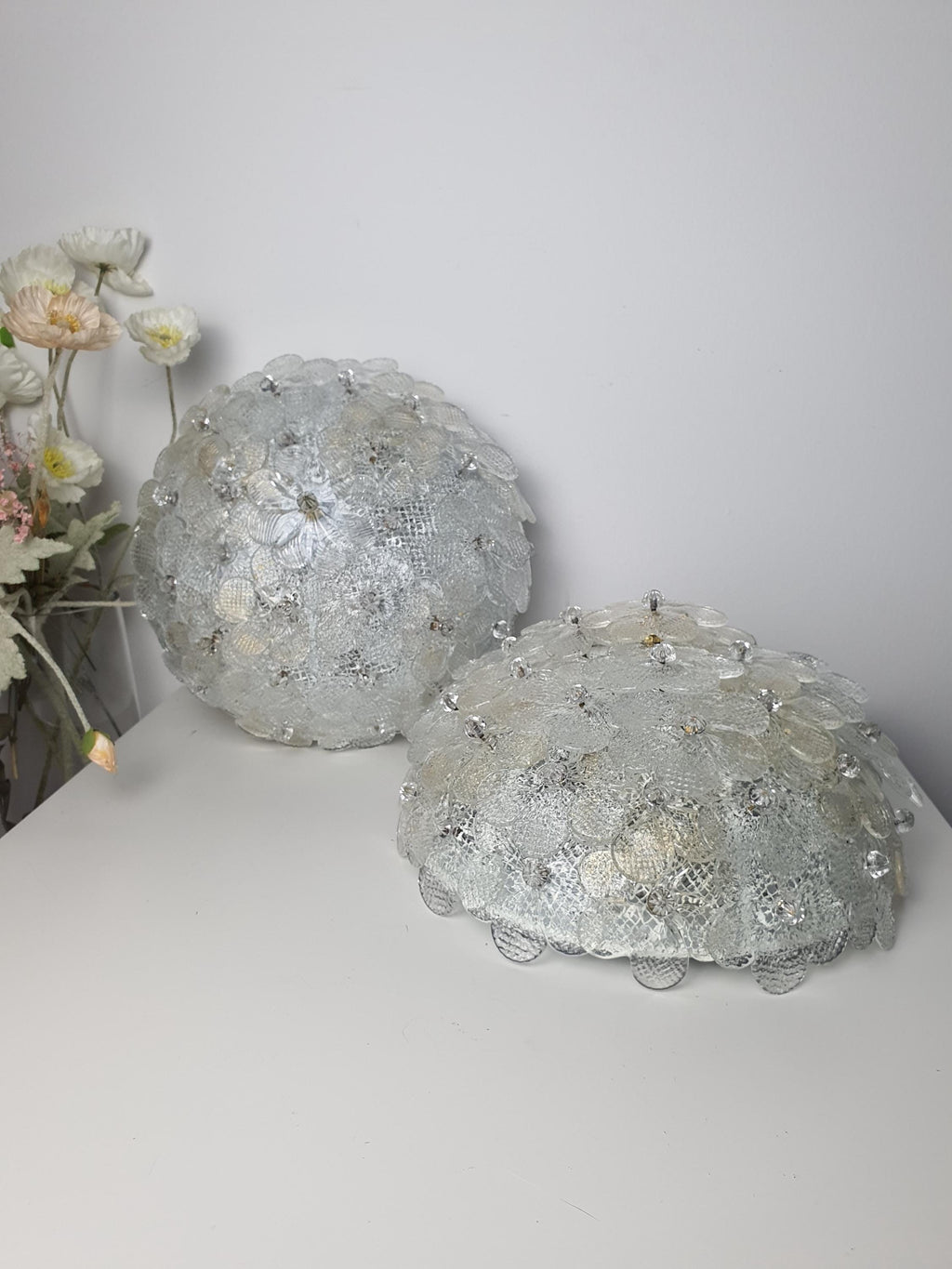 Murano glass bowl light — clear glass with embedded millefiori flowers, side view