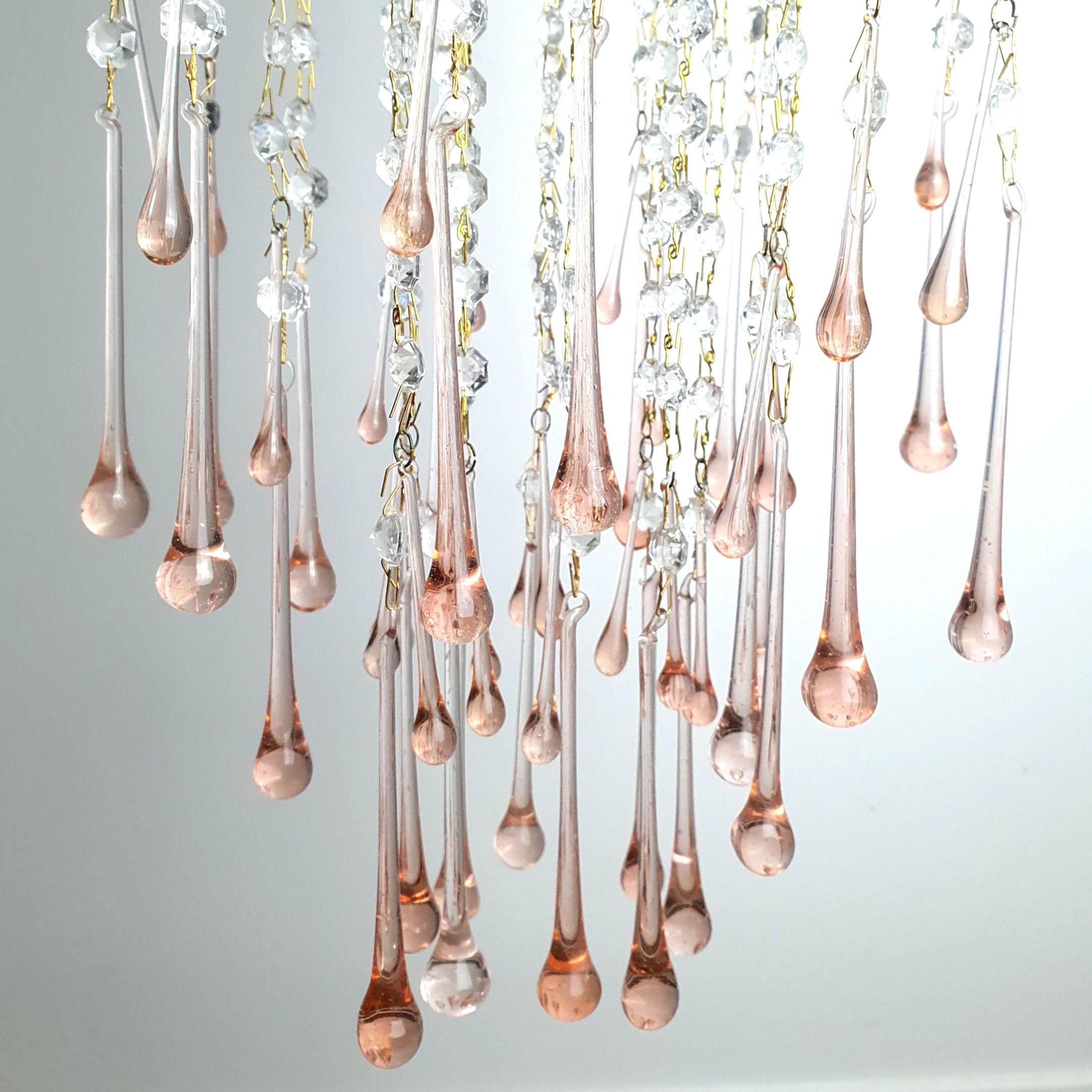 Vintage Murano glass chandelier with double pink teardrop cascade and gold base