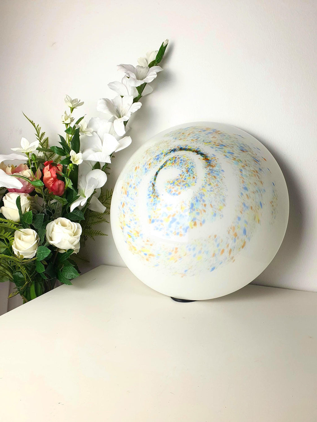 Ideal Lux Murano glass flush mount light with colorful galaxy swirl spots on white milk glass