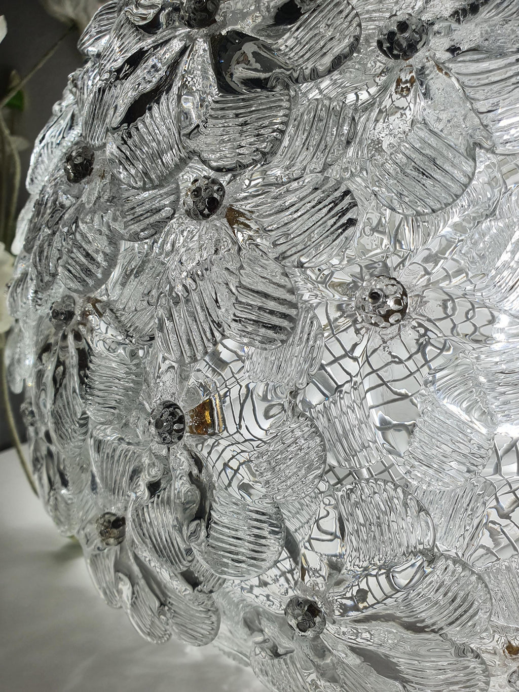 Murano glass dome flush mount — millefiori flowers embedded in clear glass, detail