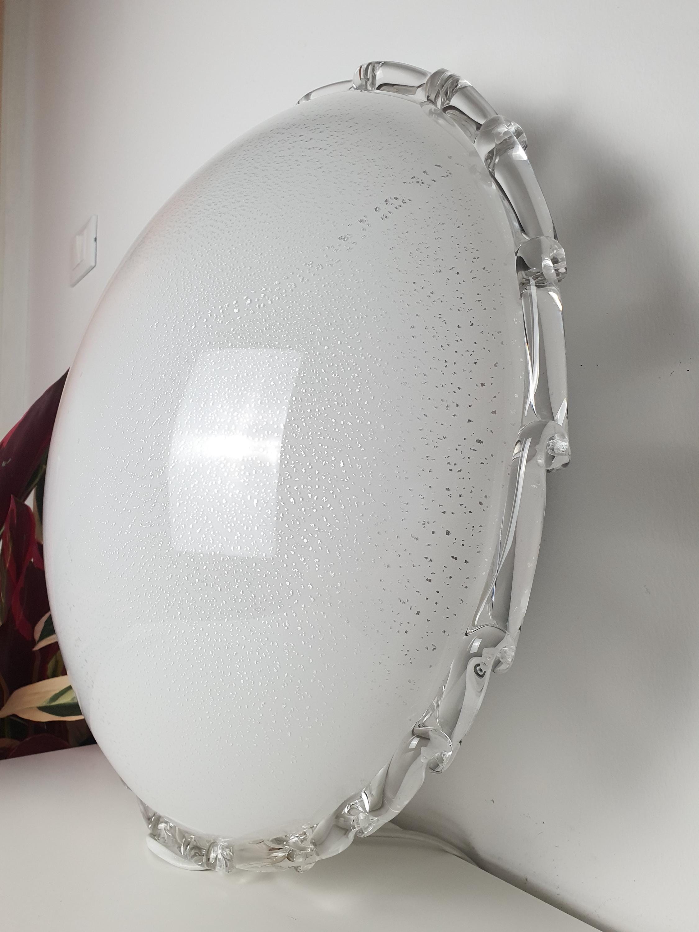 XL Murano Glass Flush Mount Lamp: White & Silver MCM Italian Light