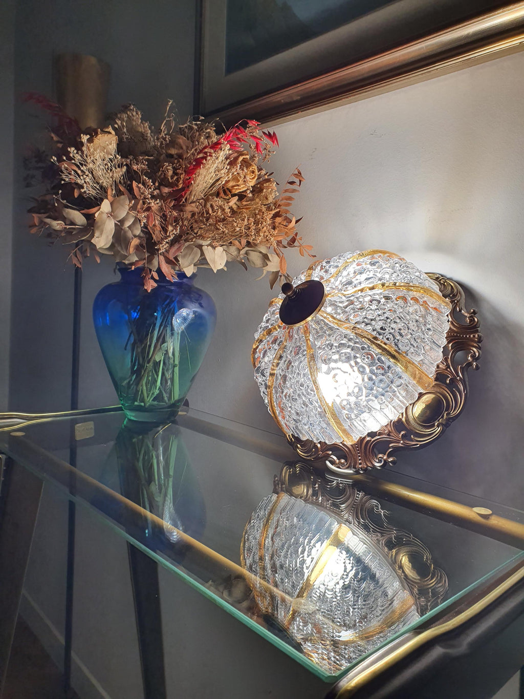 装饰艺术风格吸顶灯 | 压花虹彩玻璃配黄铜底座 | 复古