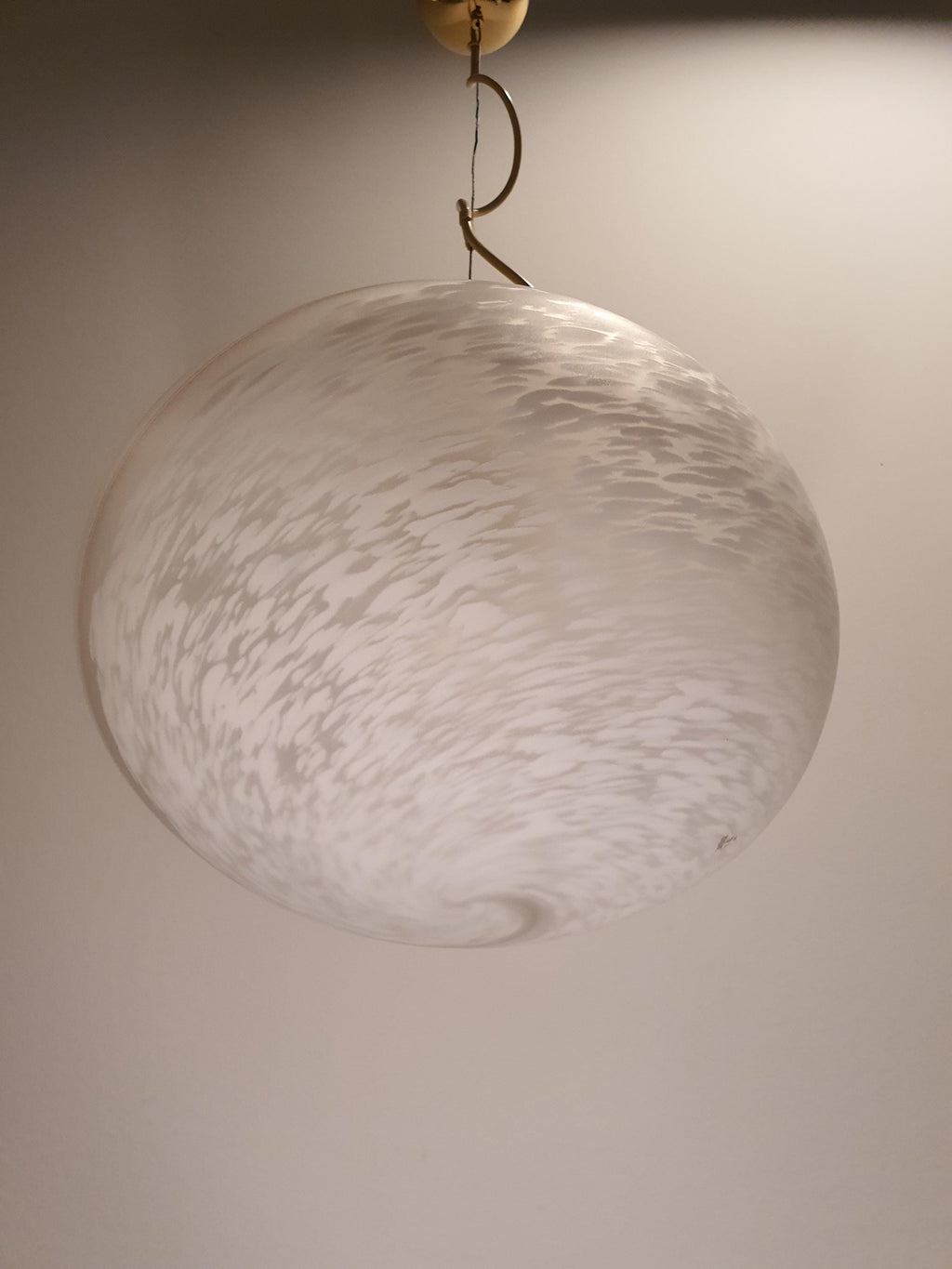 Murano Glass Pendant Light: White Swirl Globe, Mid-Century Scandinavian Lamp