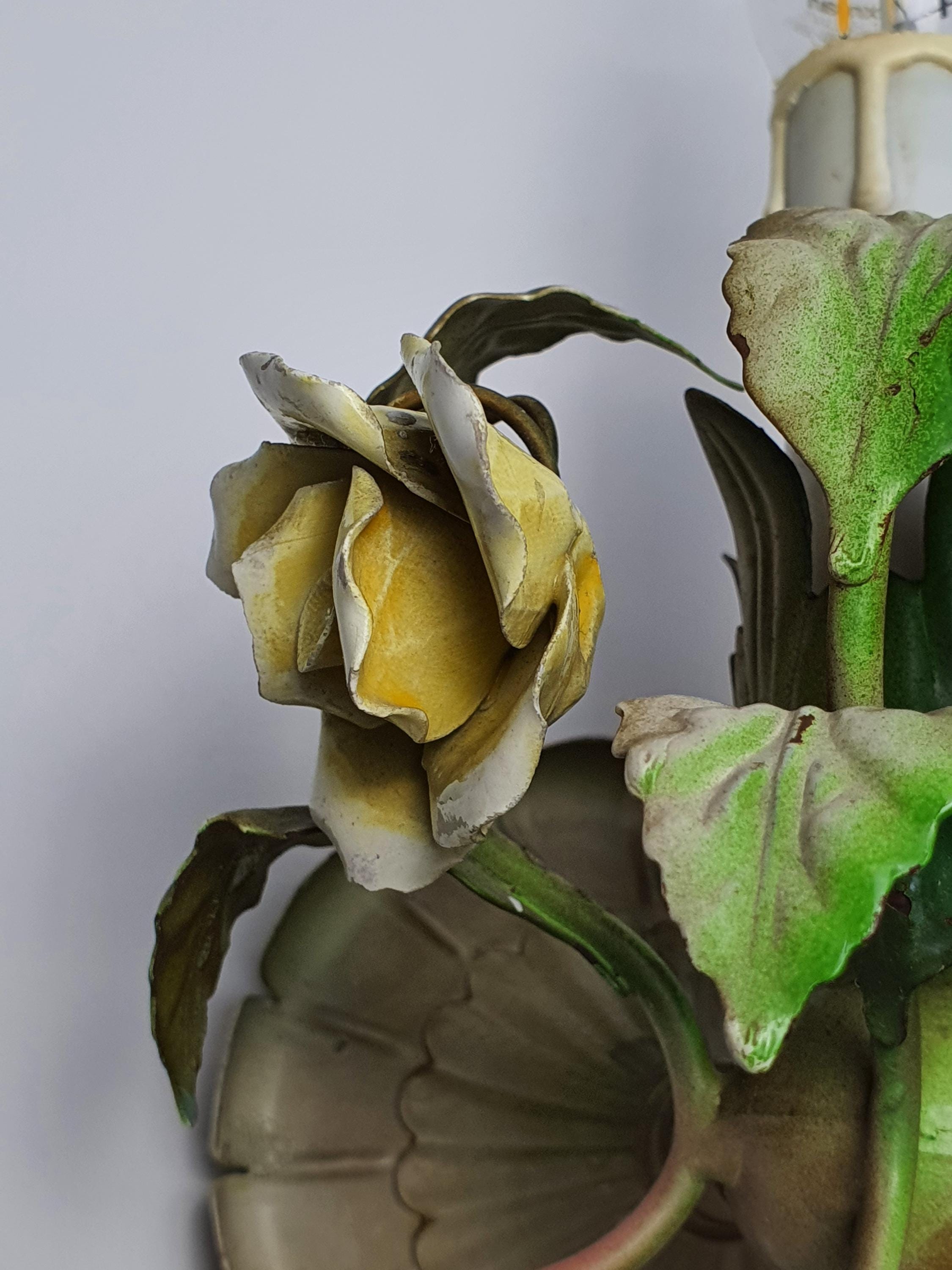 1950s Italian wall sconce — aged green paint patina, vintage condition