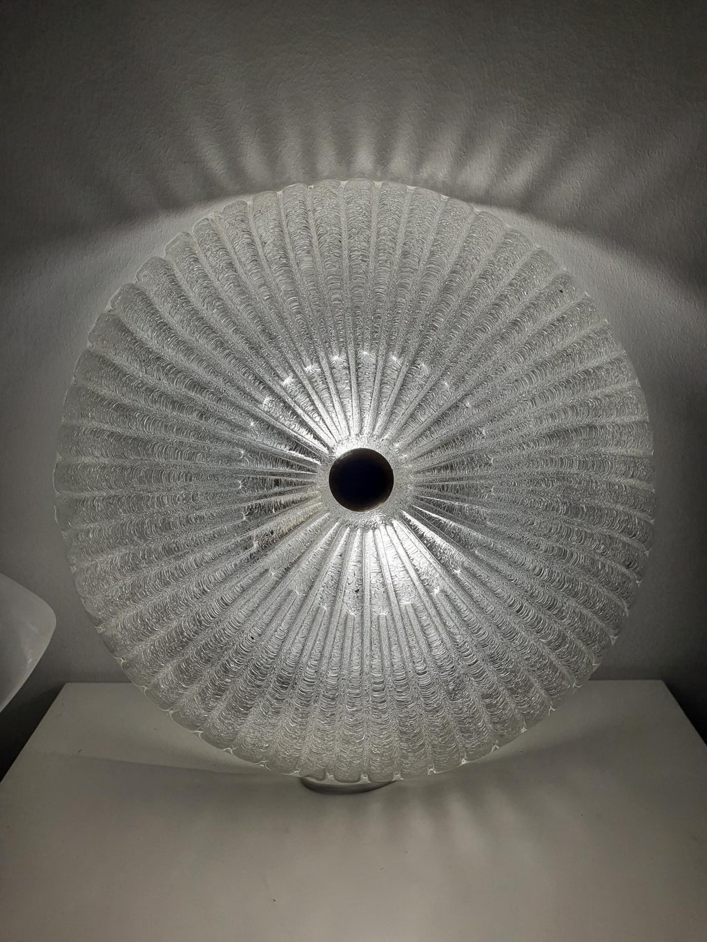 Vintage Venetian glass shell flush mount from below, showing two E27 sockets and ribbed glass light diffusion