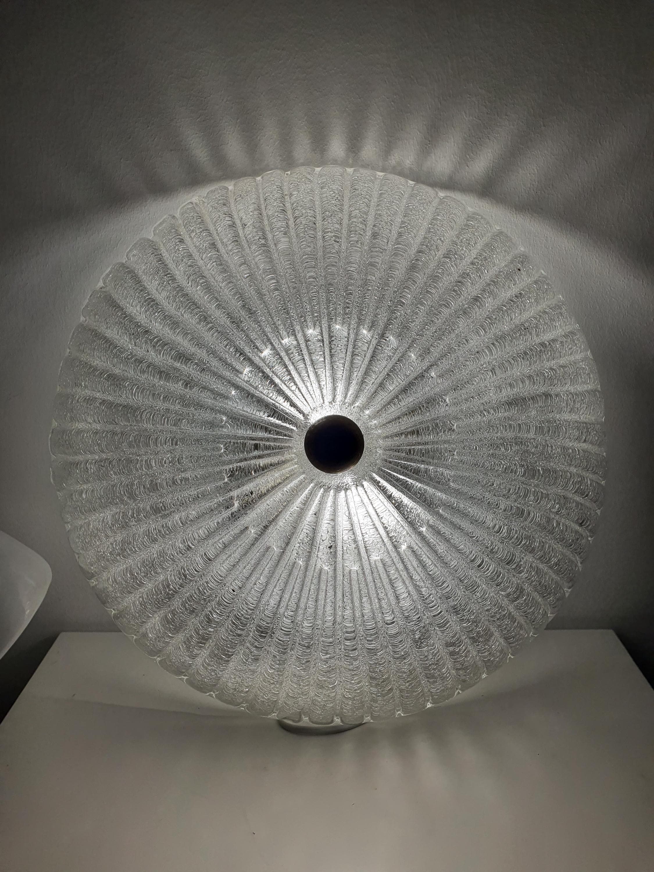Vintage Venetian glass shell flush mount from below, showing two E27 sockets and ribbed glass light diffusion
