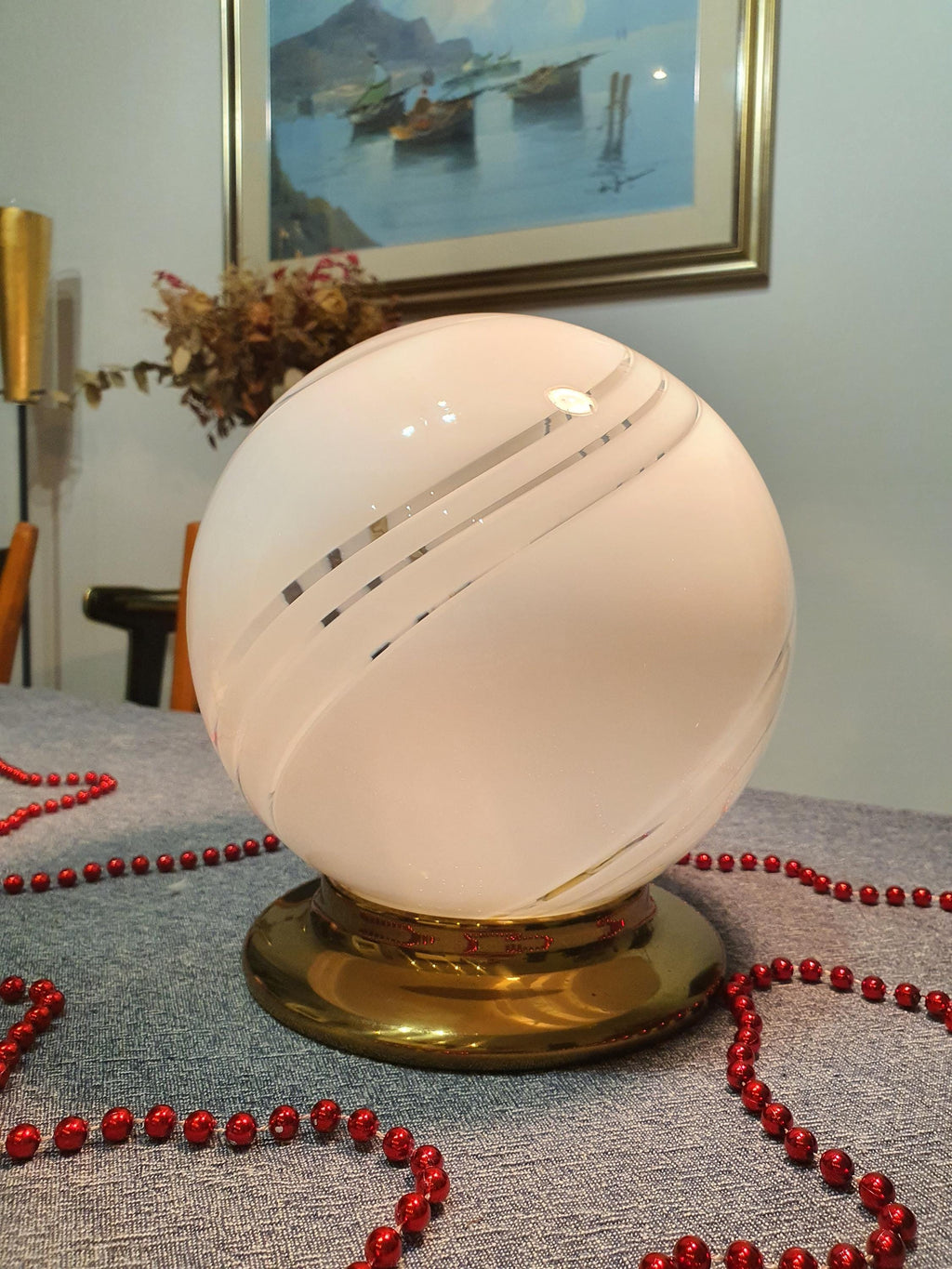 Murano Glass Swirl Globe Table Lamp: MCM Italian Minimalist Bedside Light